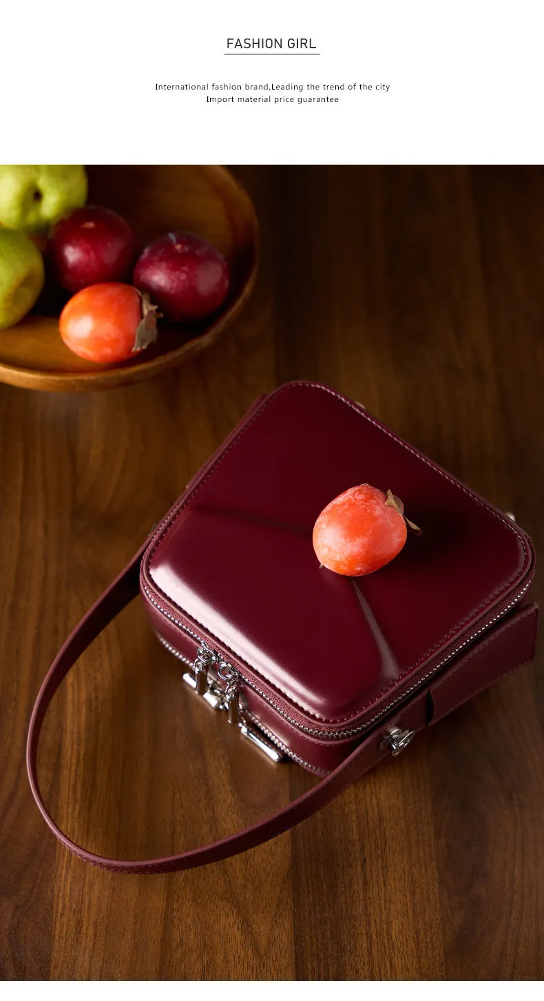 17CM leather design hanging ear series commuting eaves handbag 2939 wine Red