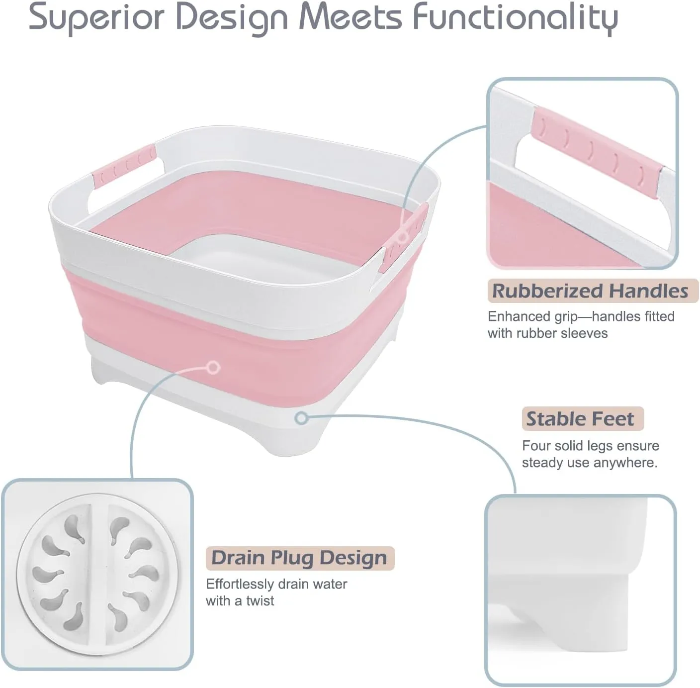 2.4 Gal Collapsible Wash Basin with Drain Plug, Space-Saving Multiuse Foldable Bucket, Portable Sink Tub, 9L Dishpan for Flush Pump Parts, Ice Beverage Tubs for Camping, Vegetable Washing, RV (Pink)