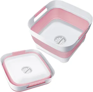 2.4 Gal Collapsible Wash Basin with Drain Plug, Space-Saving Multiuse Foldable Bucket, Portable Sink Tub, 9L Dishpan for Flush Pump Parts, Ice Beverage Tubs for Camping, Vegetable Washing, RV (Pink)