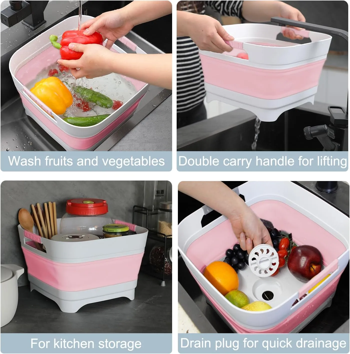 2.4 Gal Collapsible Wash Basin with Drain Plug, Space-Saving Multiuse Foldable Bucket, Portable Sink Tub, 9L Dishpan for Flush Pump Parts, Ice Beverage Tubs for Camping, Vegetable Washing, RV (Pink)