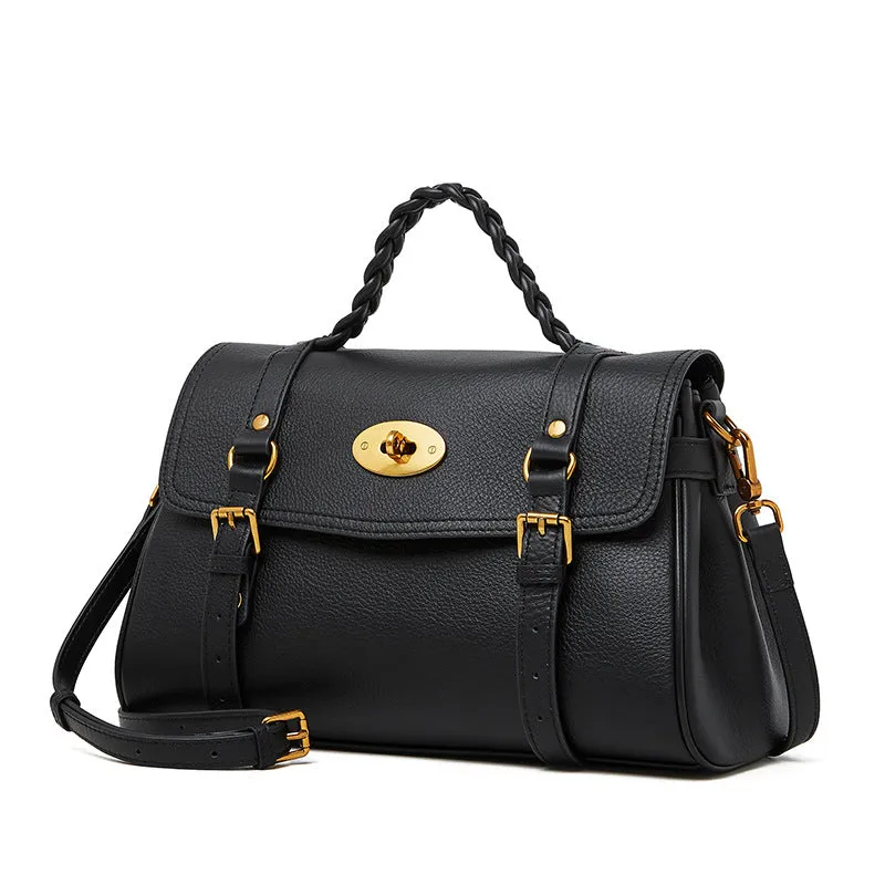 31CM genuine leather cowhide commuting hand-held shoulder tote bag 2866 black