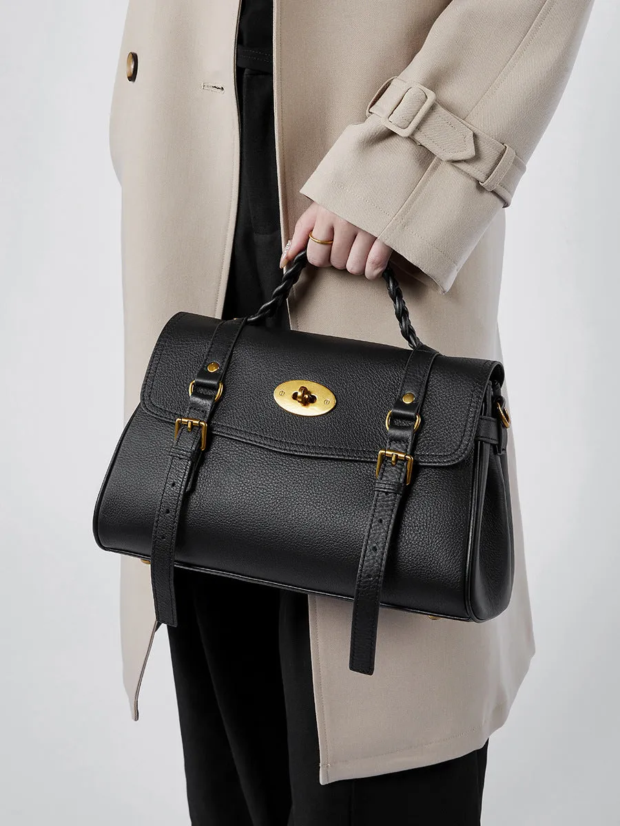 31CM genuine leather cowhide commuting hand-held shoulder tote bag 2866 black