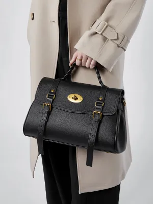 31CM genuine leather cowhide commuting hand-held shoulder tote bag 2866 black