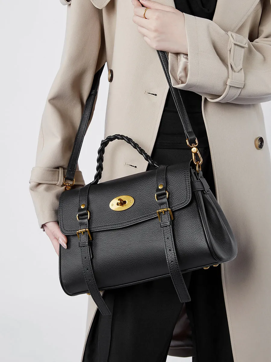 31CM genuine leather cowhide commuting hand-held shoulder tote bag 2866 black