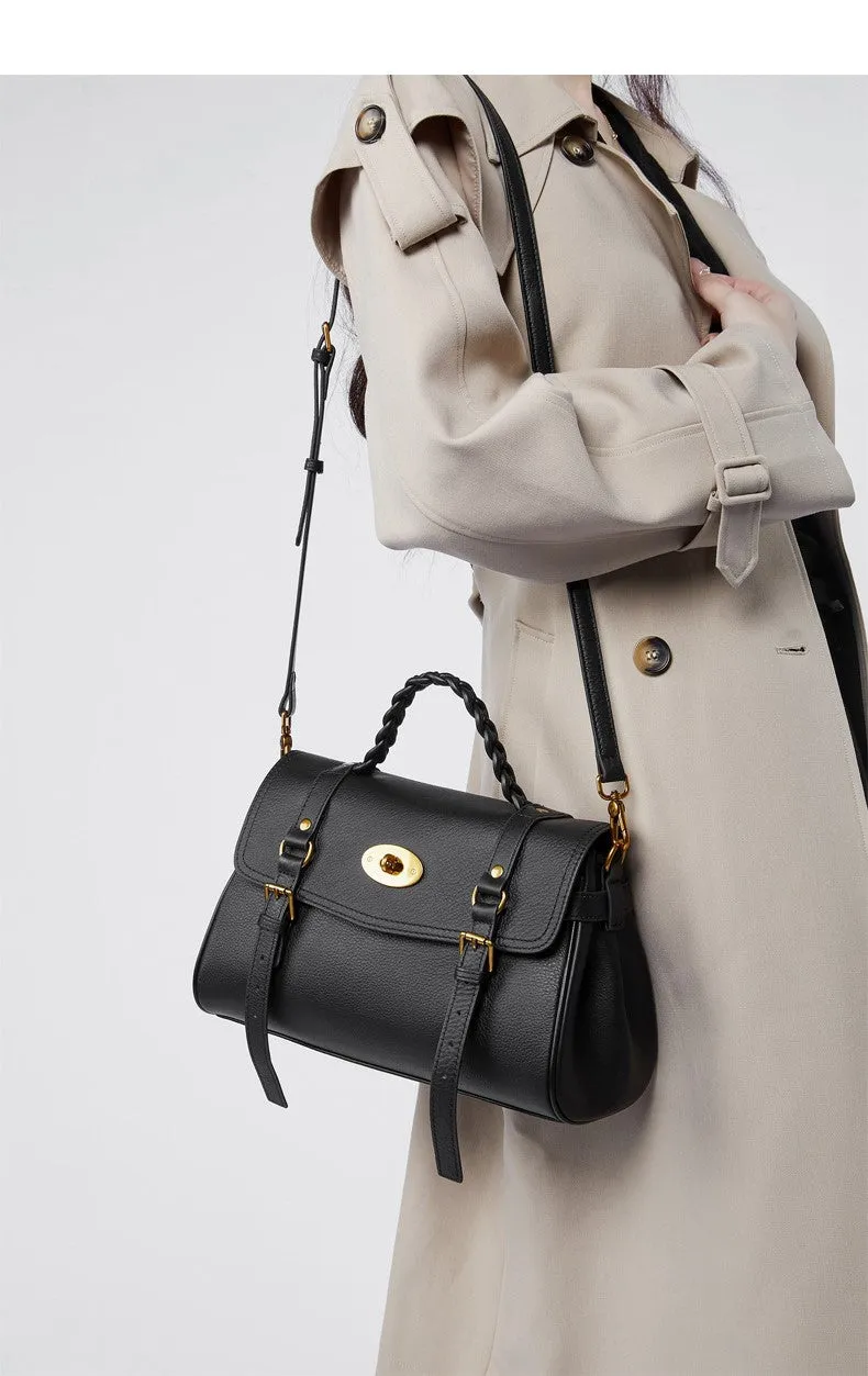 31CM genuine leather cowhide commuting hand-held shoulder tote bag 2866 black