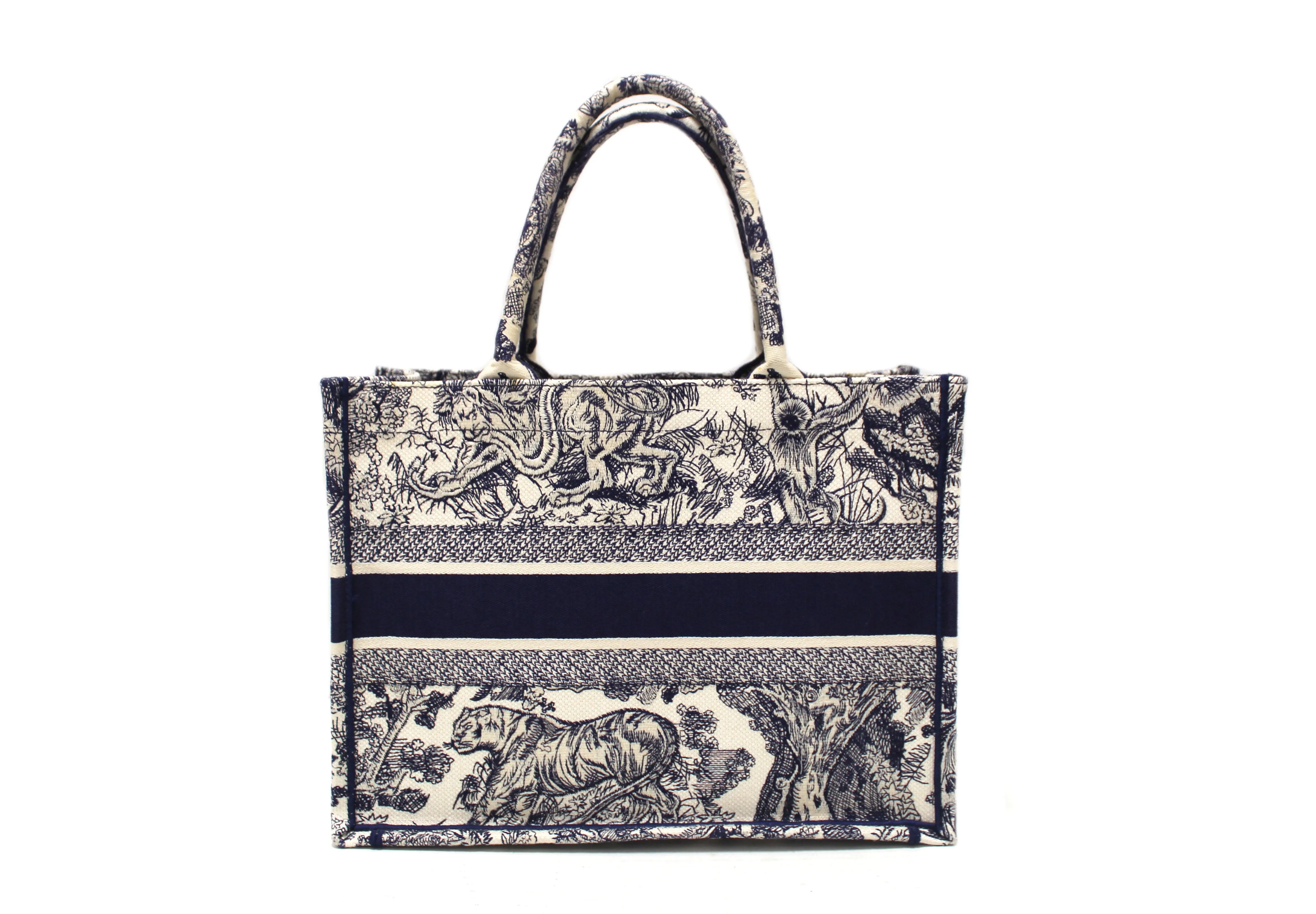 Authentic Christian Dior Blue Toile de Jouy Embroidery Medium Dior Book Tote