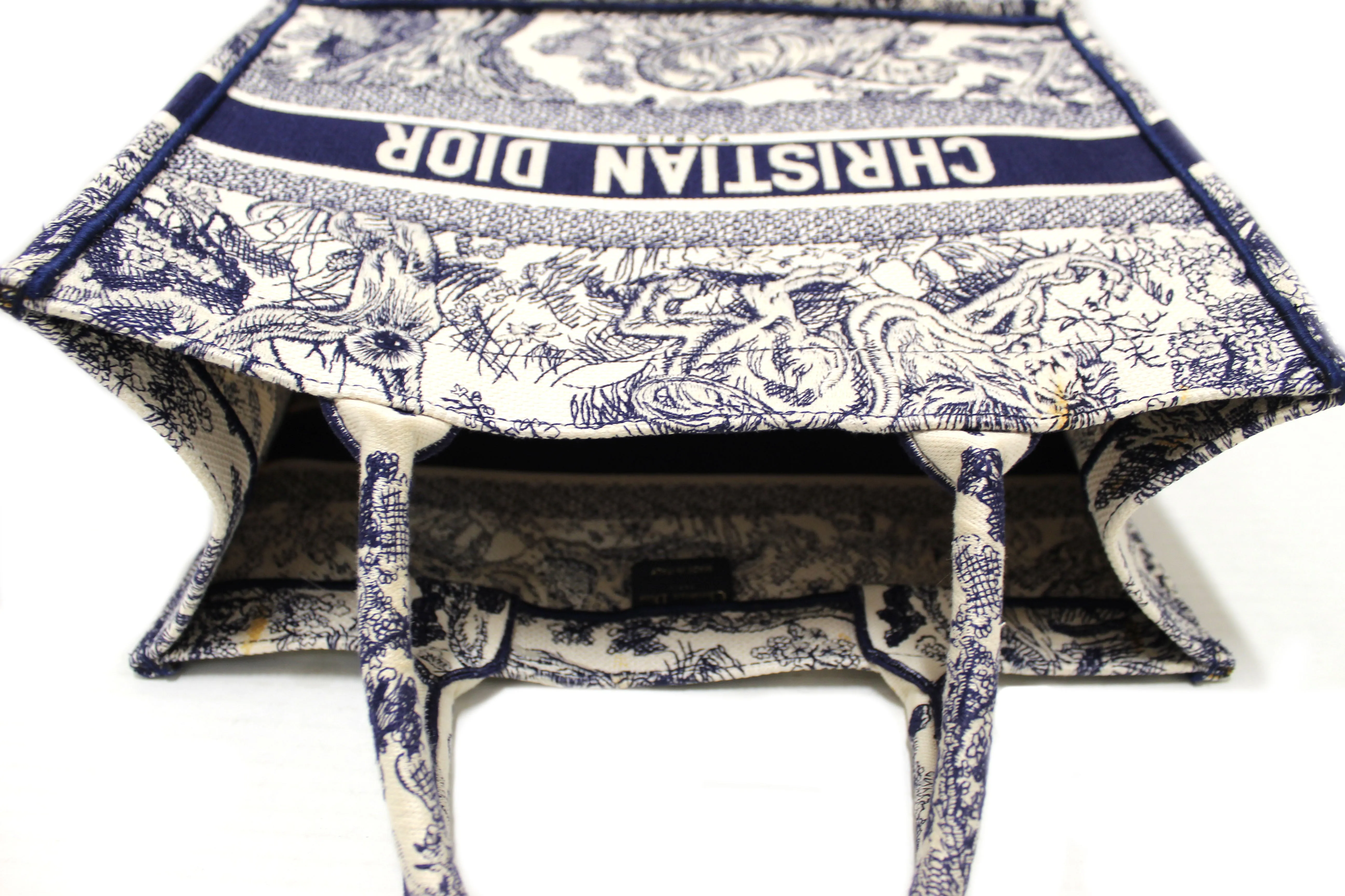 Authentic Christian Dior Blue Toile de Jouy Embroidery Medium Dior Book Tote
