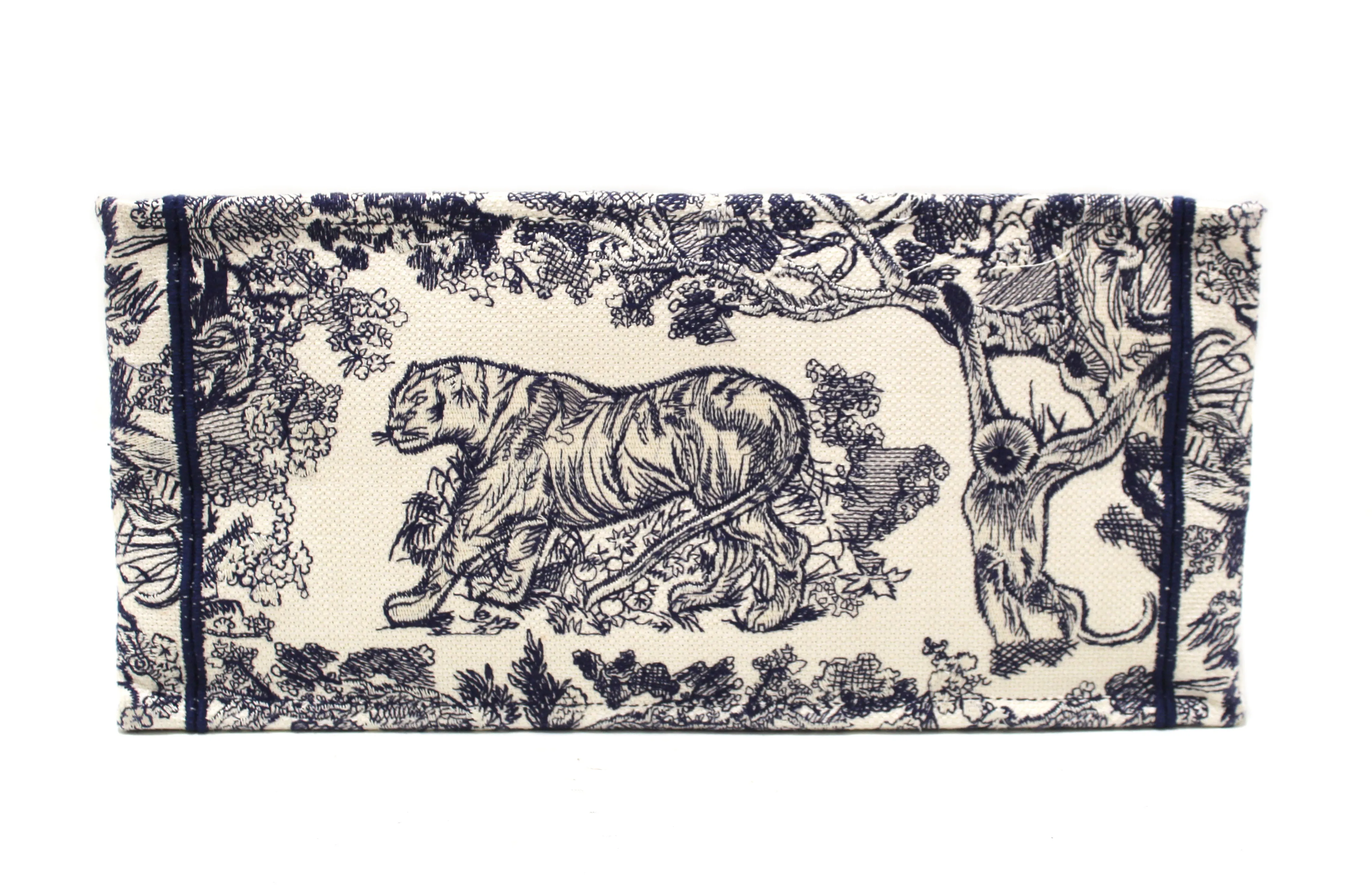 Authentic Christian Dior Blue Toile de Jouy Embroidery Medium Dior Book Tote