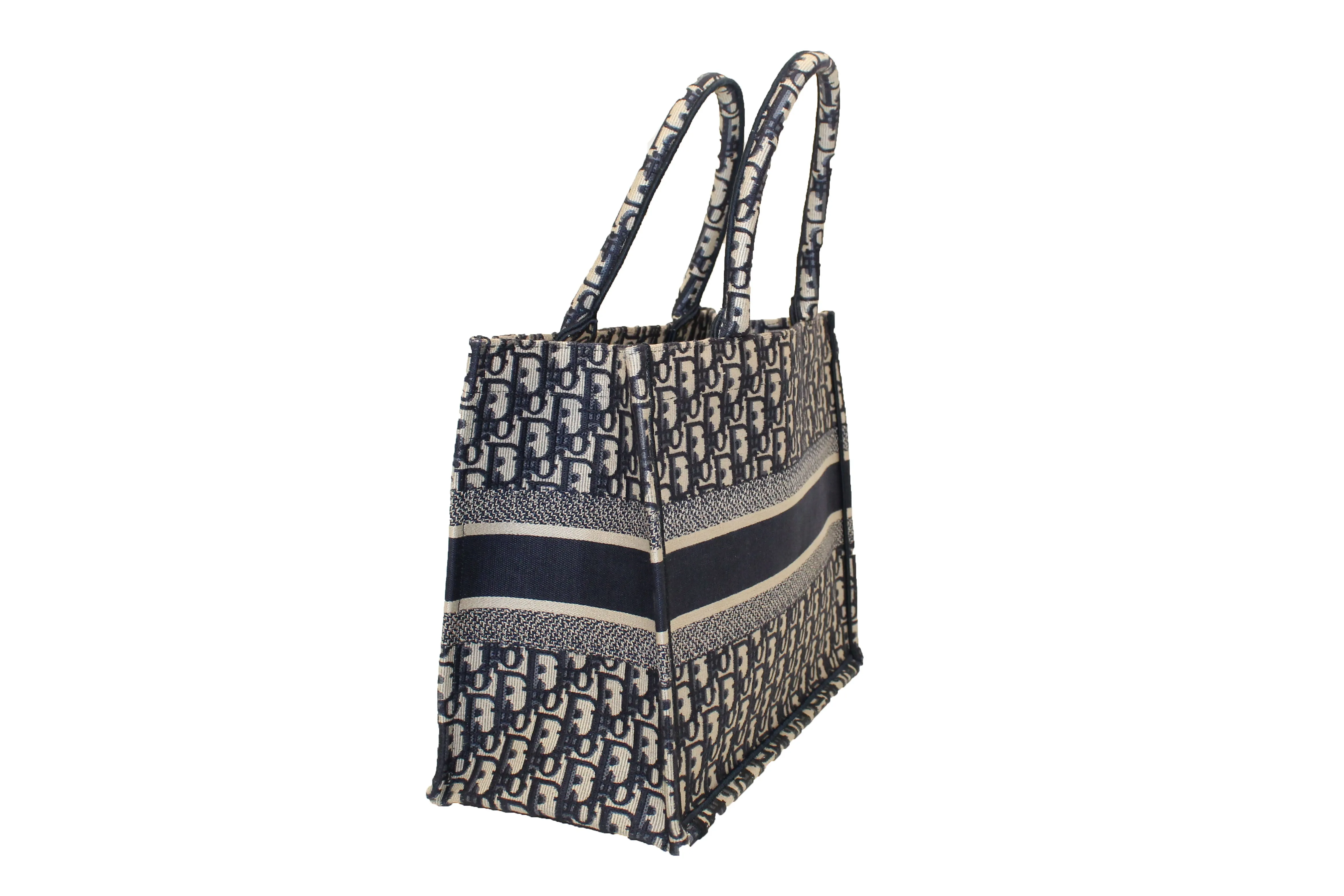 Authentic Christian Dior Ecru and Blue Dior Oblique Embroidery Medium Dior Book Tote