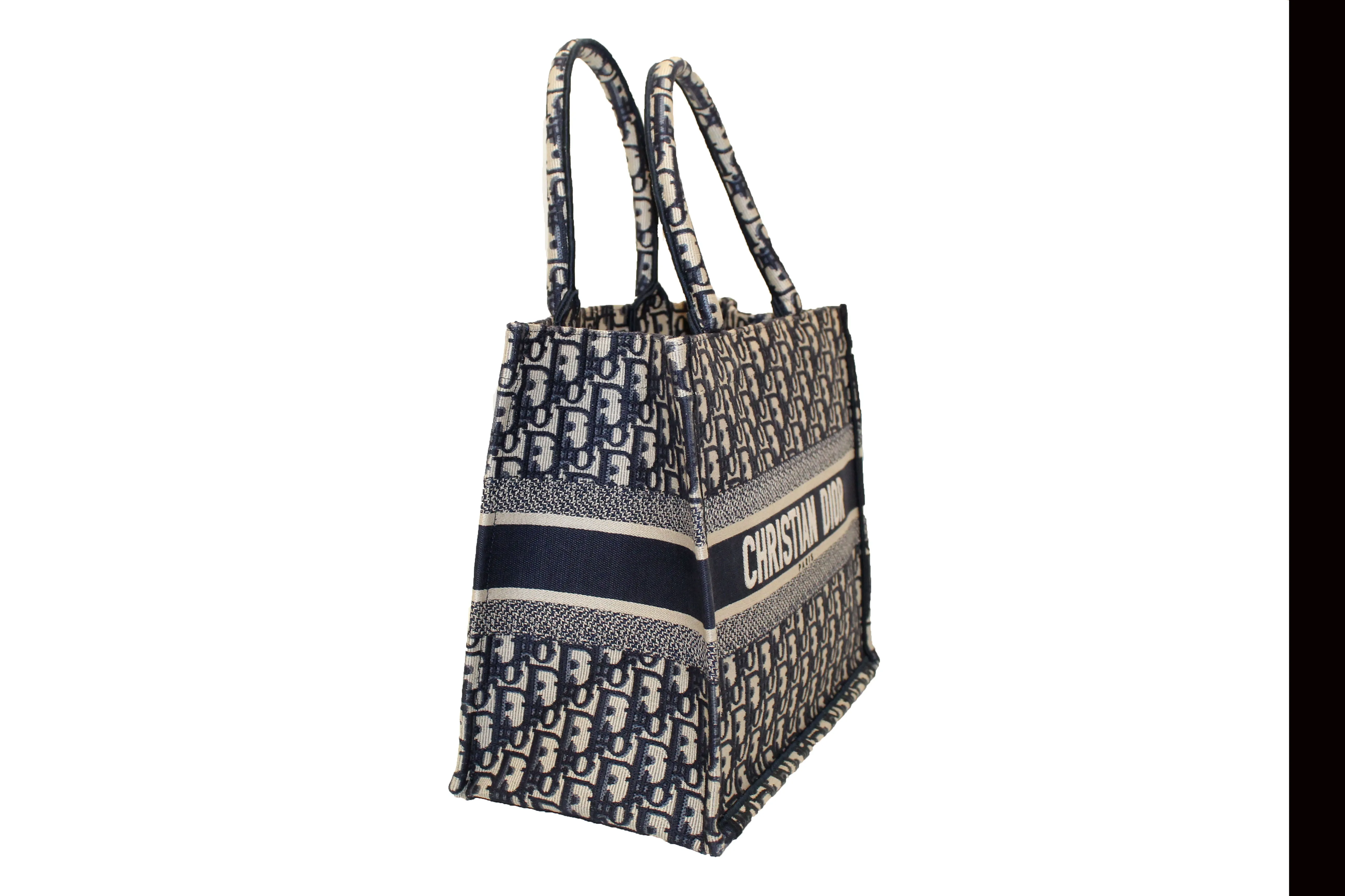 Authentic Christian Dior Ecru and Blue Dior Oblique Embroidery Medium Dior Book Tote