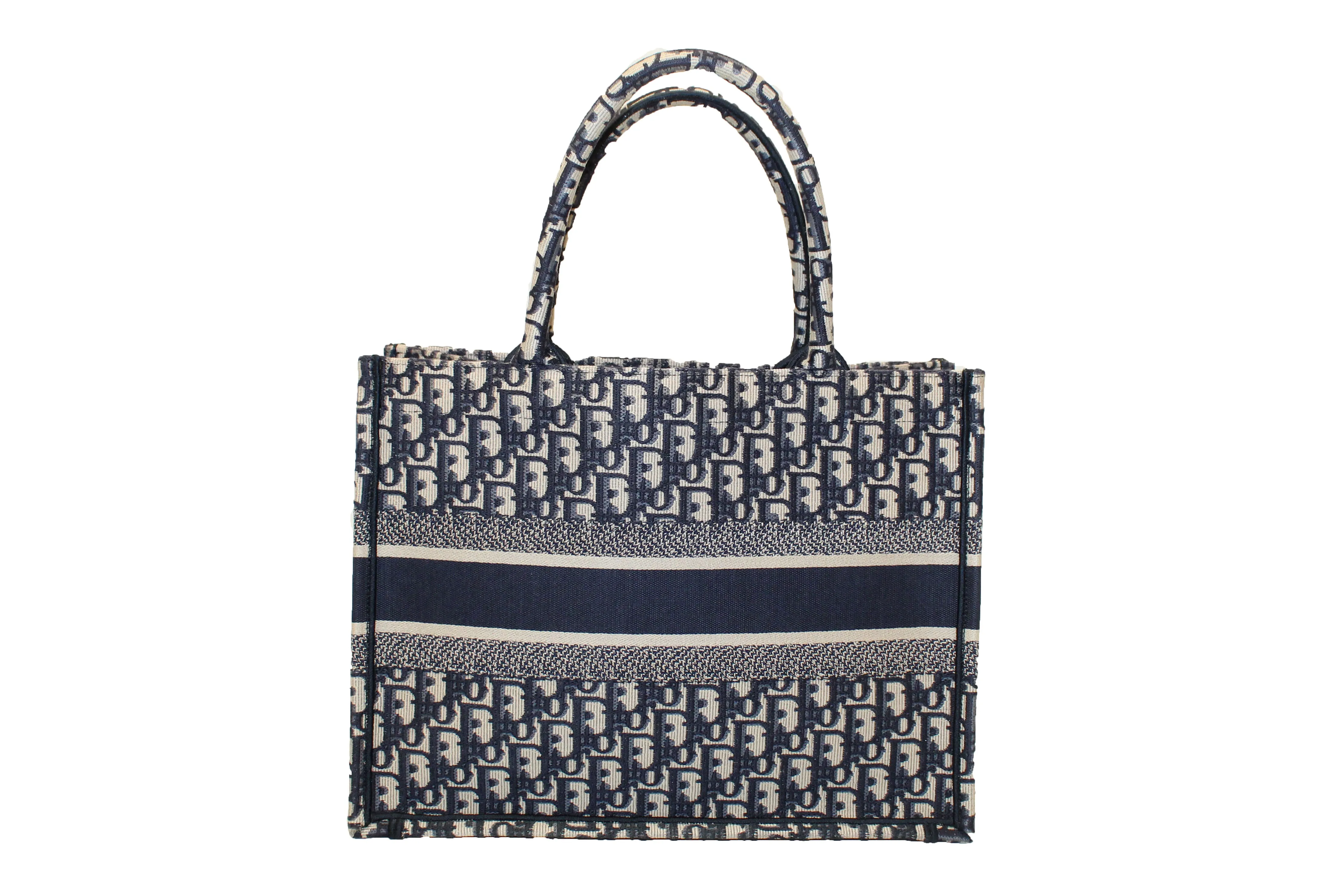 Authentic Christian Dior Ecru and Blue Dior Oblique Embroidery Medium Dior Book Tote