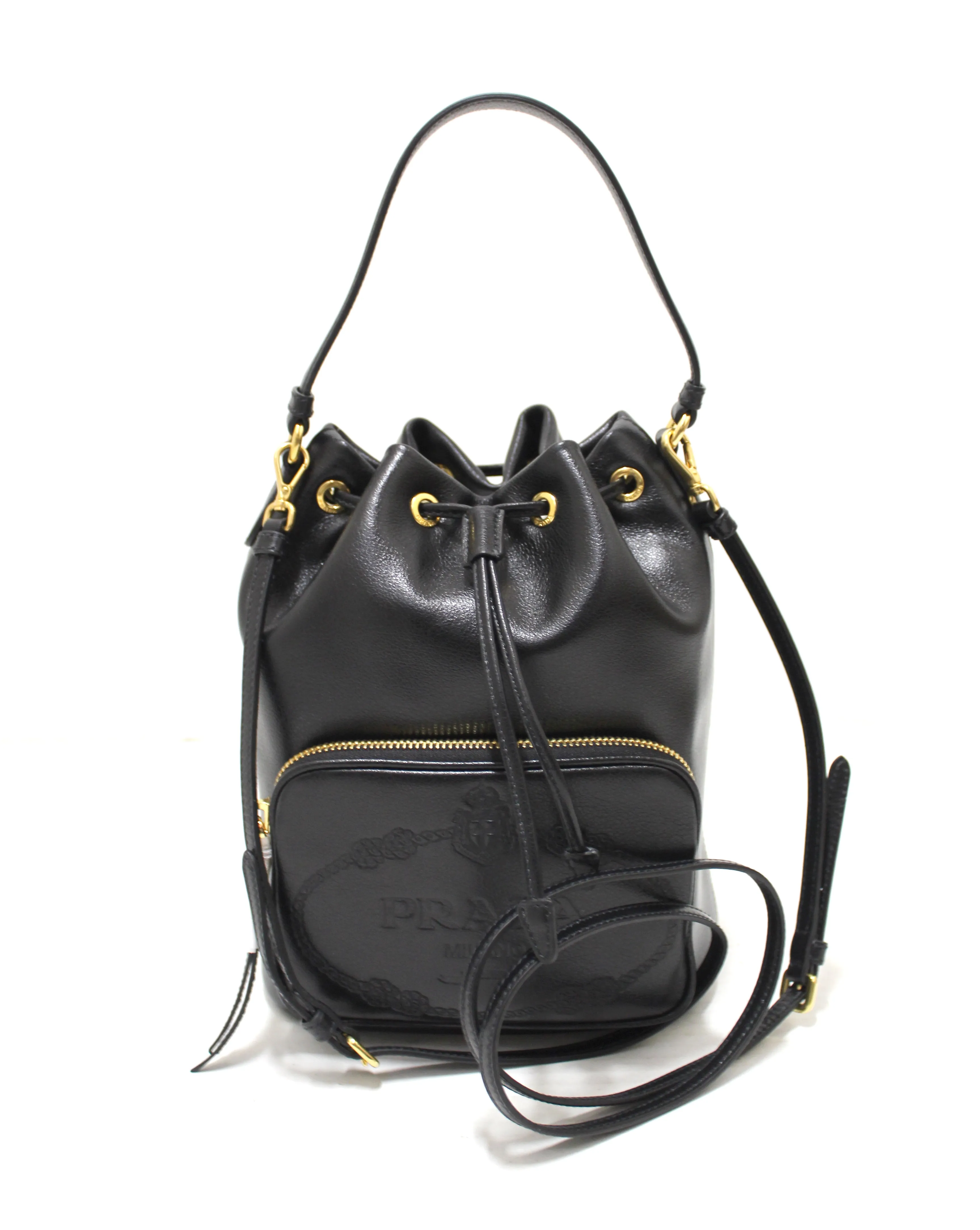 Authentic New Prada Black Calf Leather Duet Drawstring Bucket Messenger Bag 1BH038