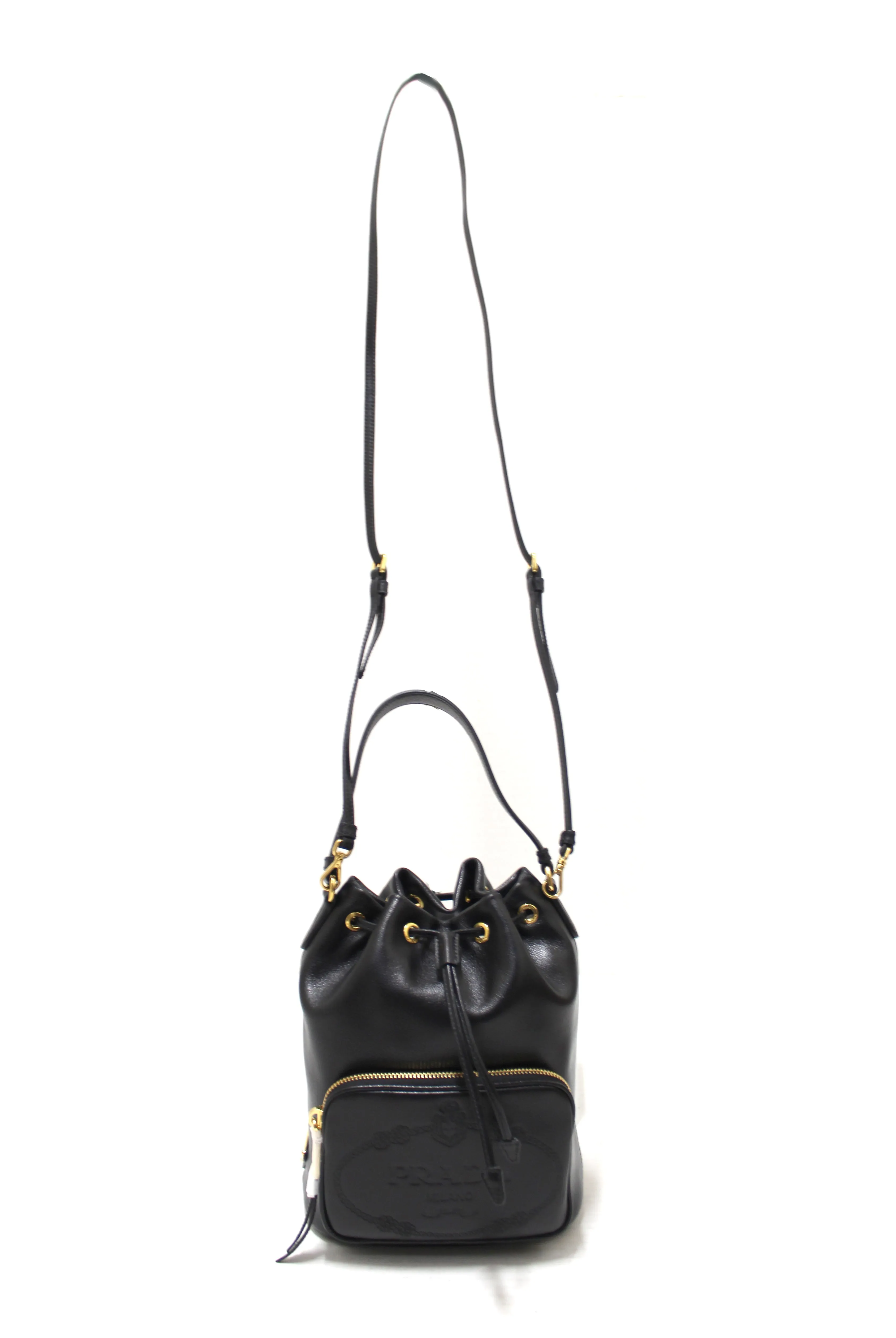 Authentic New Prada Black Calf Leather Duet Drawstring Bucket Messenger Bag 1BH038