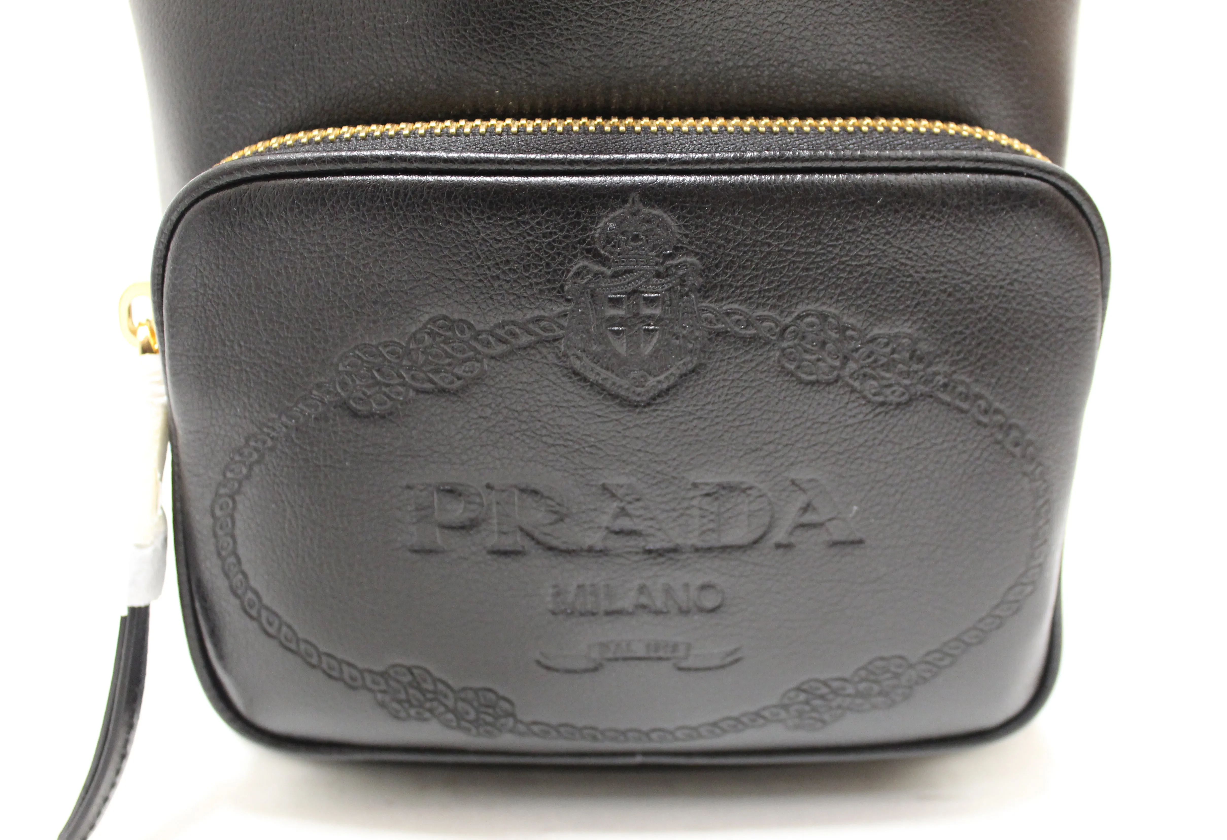 Authentic New Prada Black Calf Leather Duet Drawstring Bucket Messenger Bag 1BH038