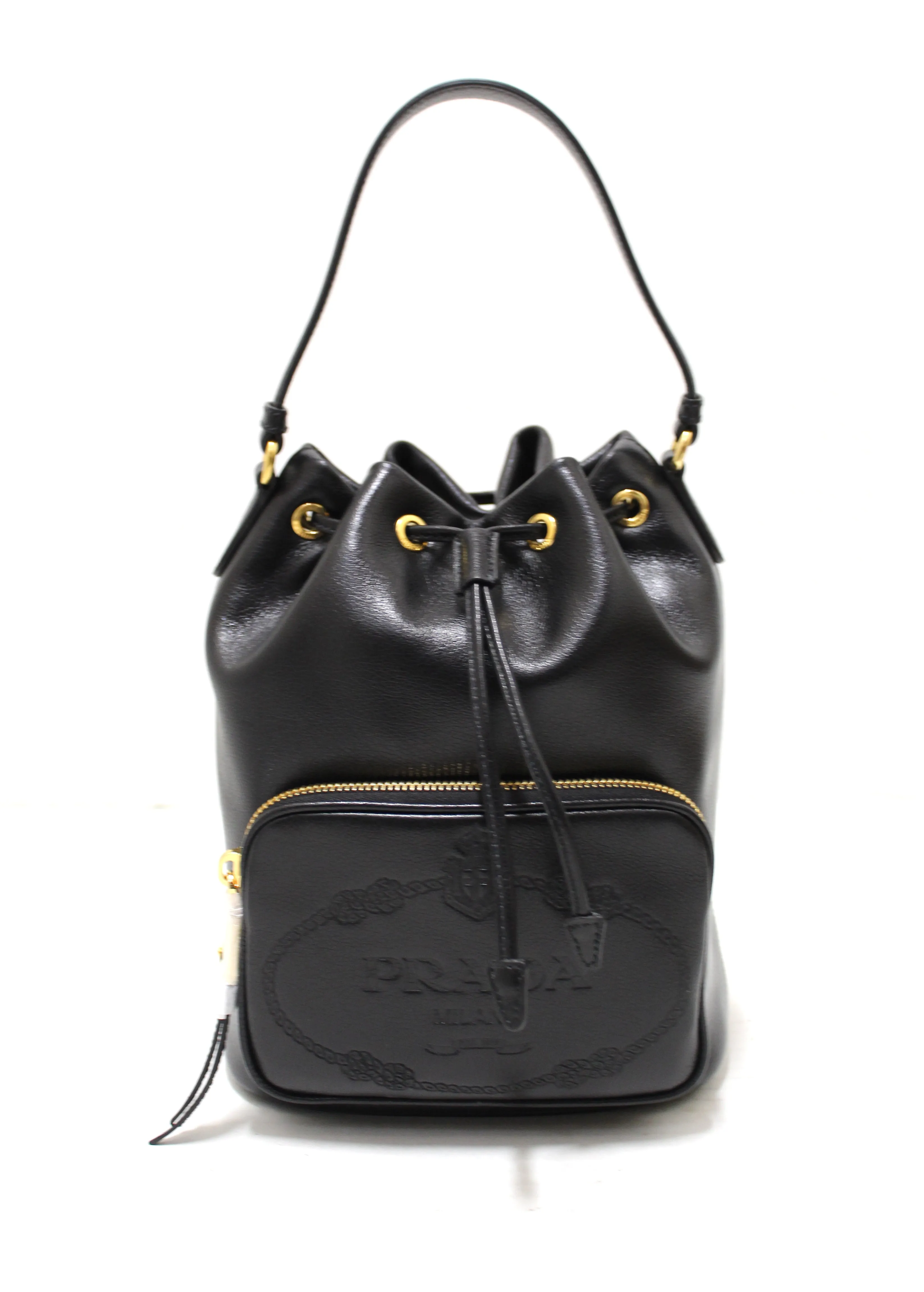 Authentic New Prada Black Calf Leather Duet Drawstring Bucket Messenger Bag 1BH038