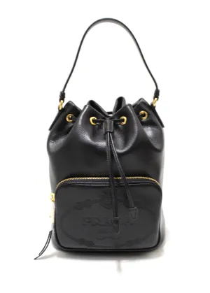 Authentic New Prada Black Calf Leather Duet Drawstring Bucket Messenger Bag 1BH038