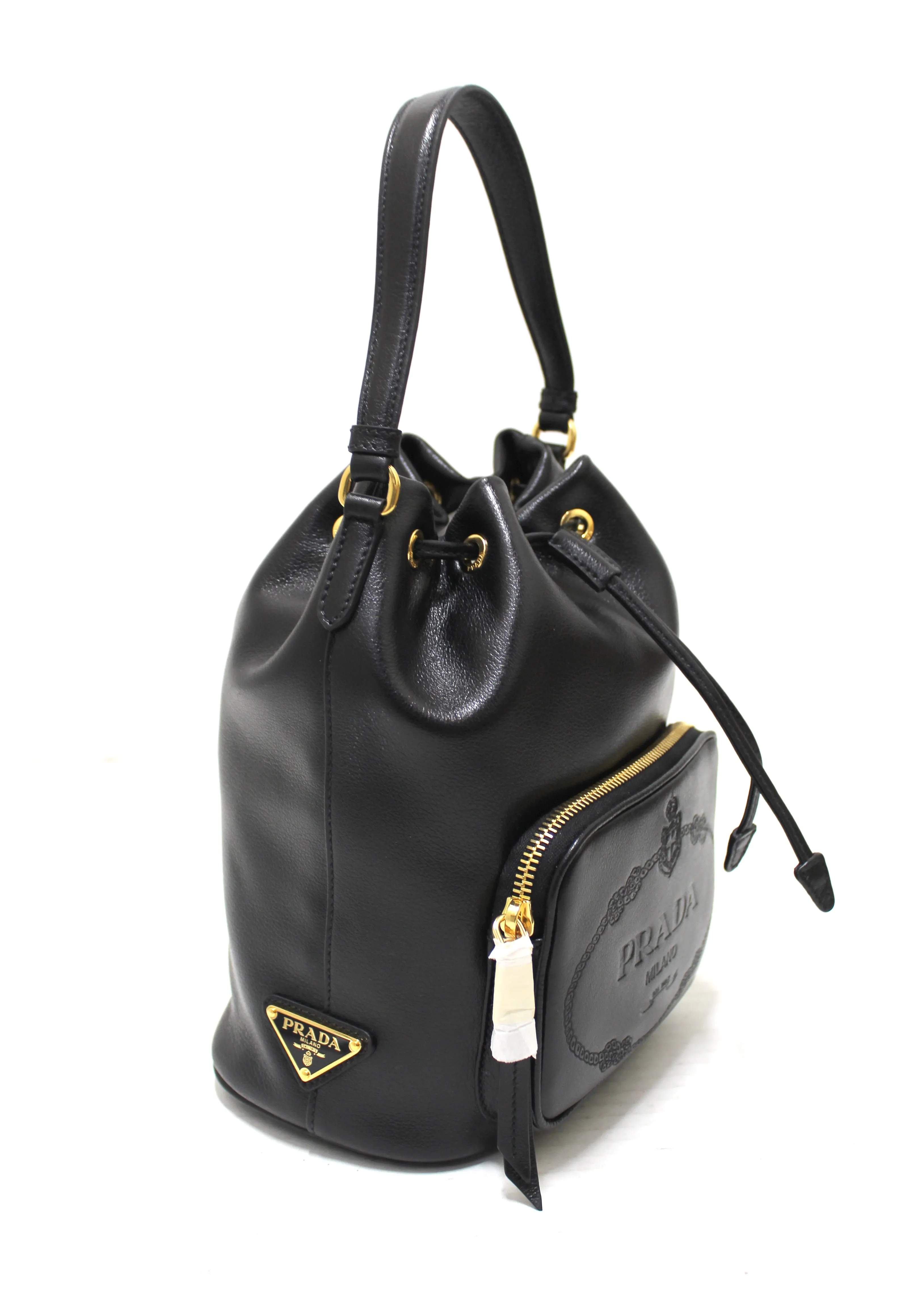 Authentic New Prada Black Calf Leather Duet Drawstring Bucket Messenger Bag 1BH038