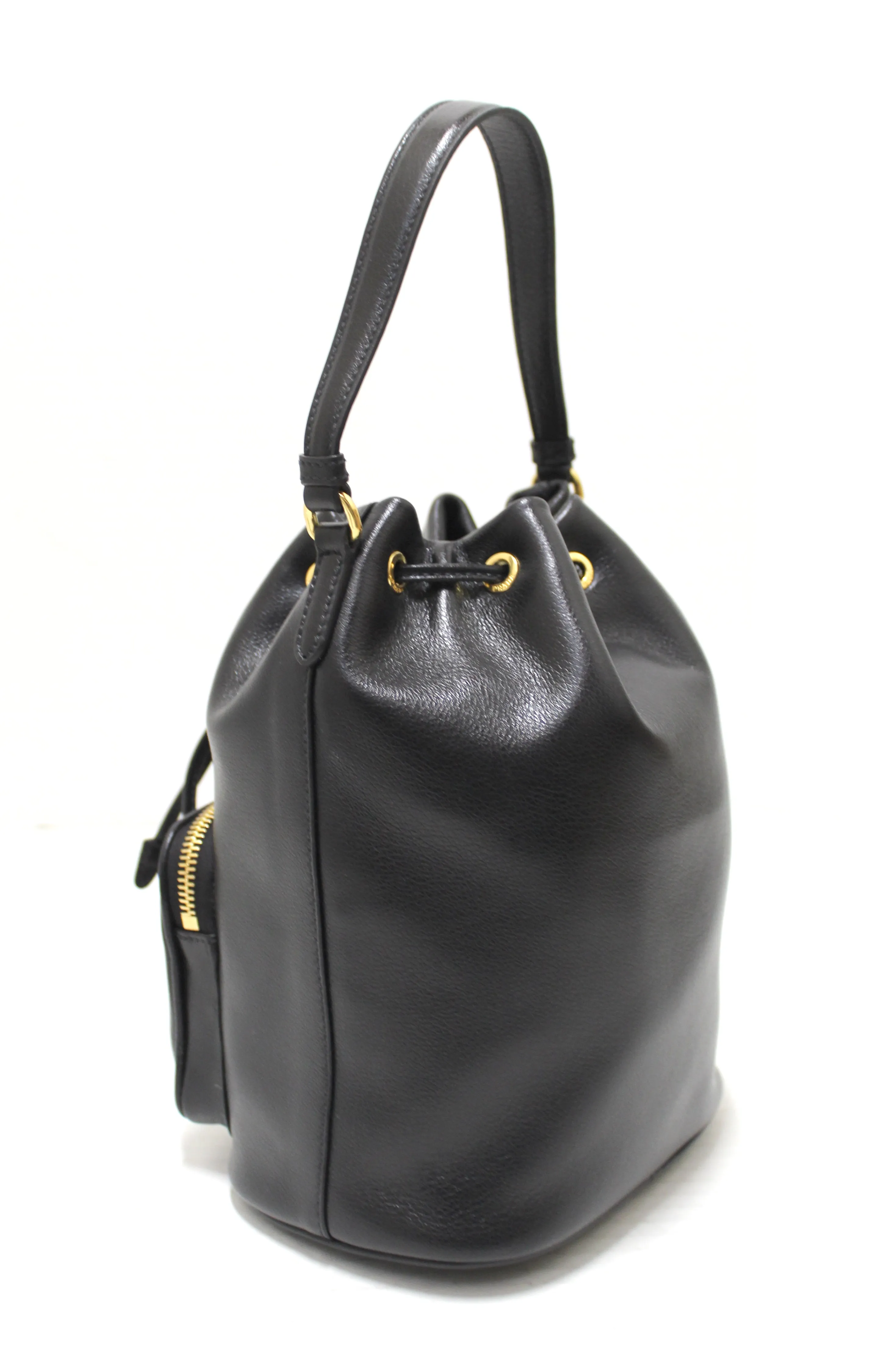 Authentic New Prada Black Calf Leather Duet Drawstring Bucket Messenger Bag 1BH038