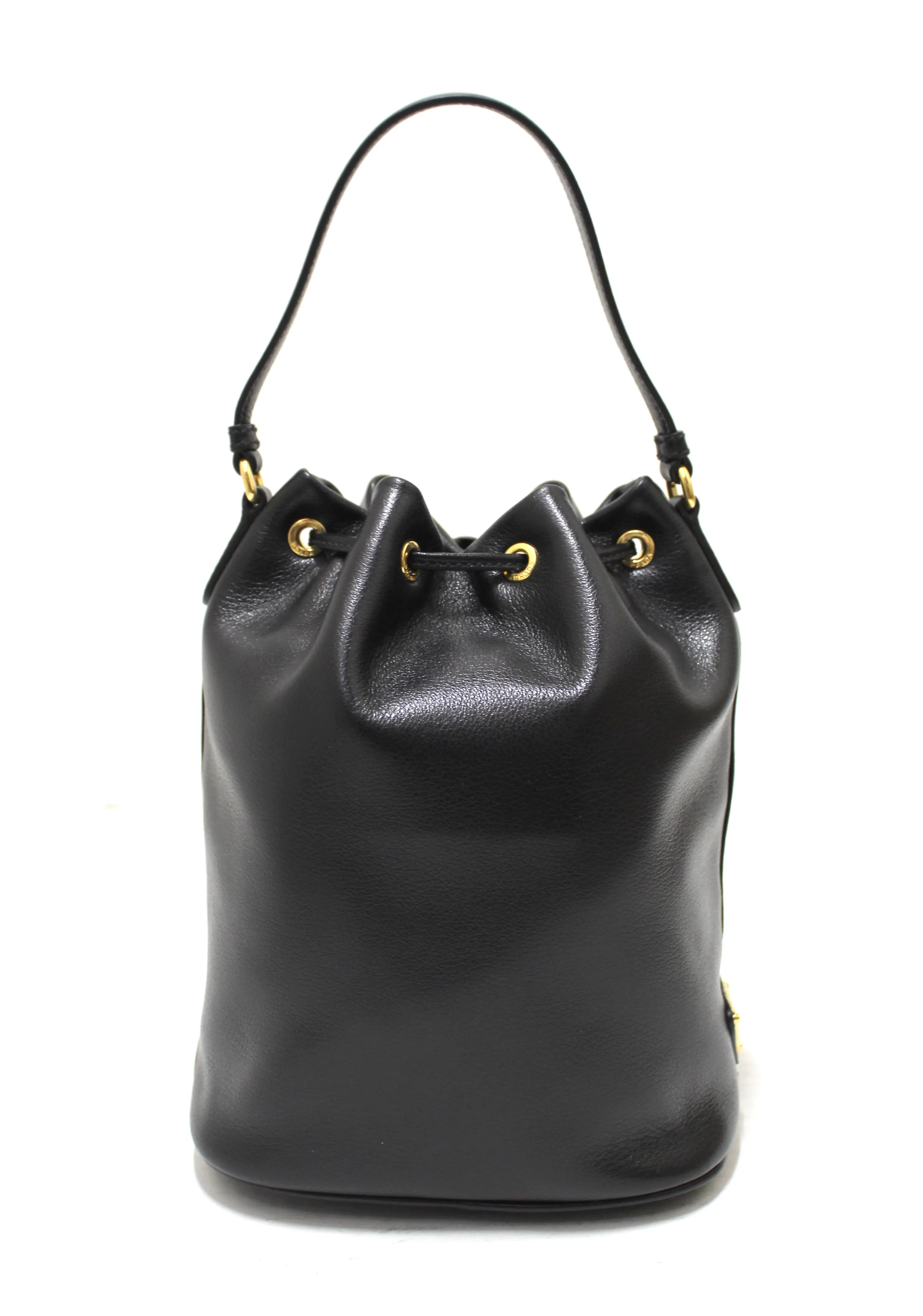 Authentic New Prada Black Calf Leather Duet Drawstring Bucket Messenger Bag 1BH038