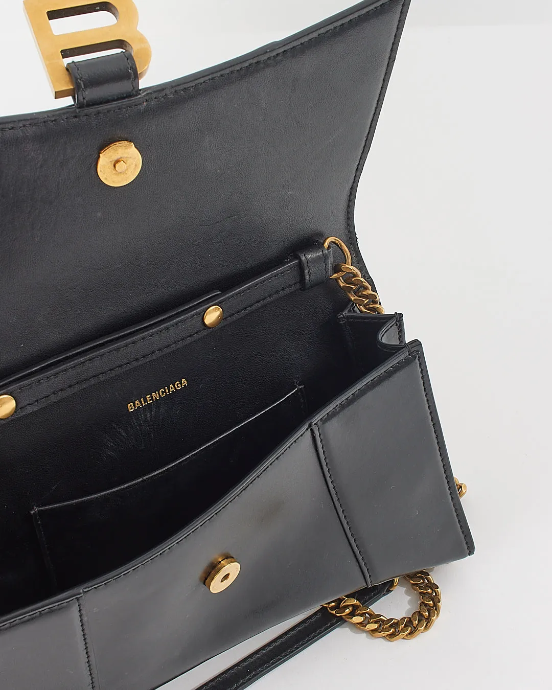 Balenciaga Black Smooth Leather Box Hourglass Wallet on a Chain