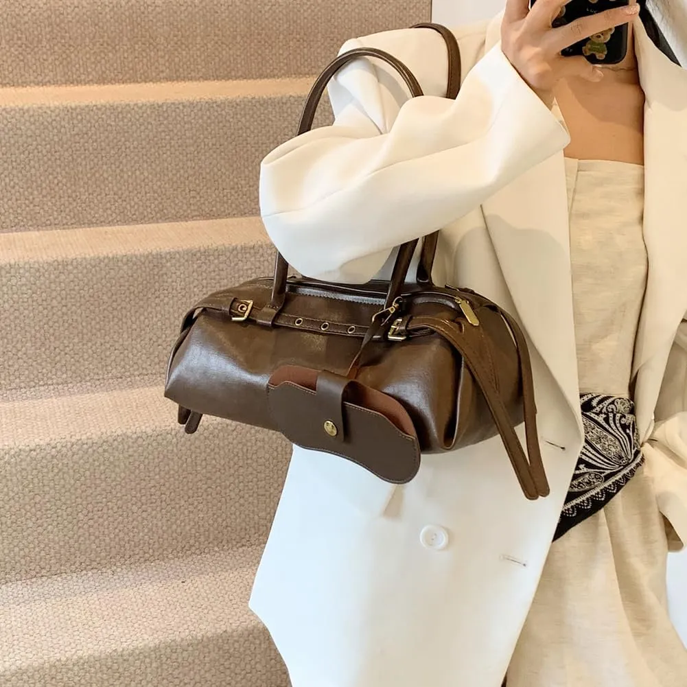 Boston Shoulder Bags for Women Cherry Purse Underarm Bag PU Leather Casual Bowling Bag Purse Retro Tote Bag