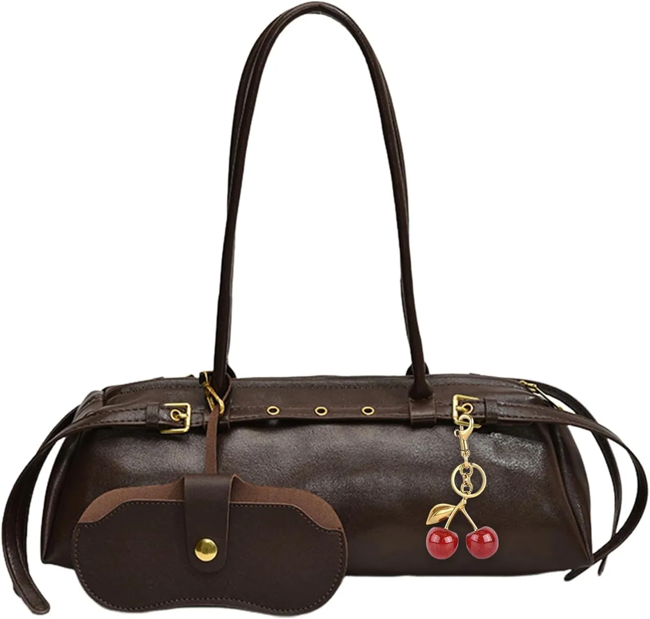 Boston Shoulder Bags for Women Cherry Purse Underarm Bag PU Leather Casual Bowling Bag Purse Retro Tote Bag