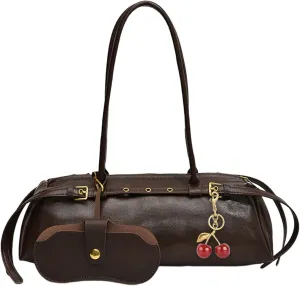 Boston Shoulder Bags for Women Cherry Purse Underarm Bag PU Leather Casual Bowling Bag Purse Retro Tote Bag