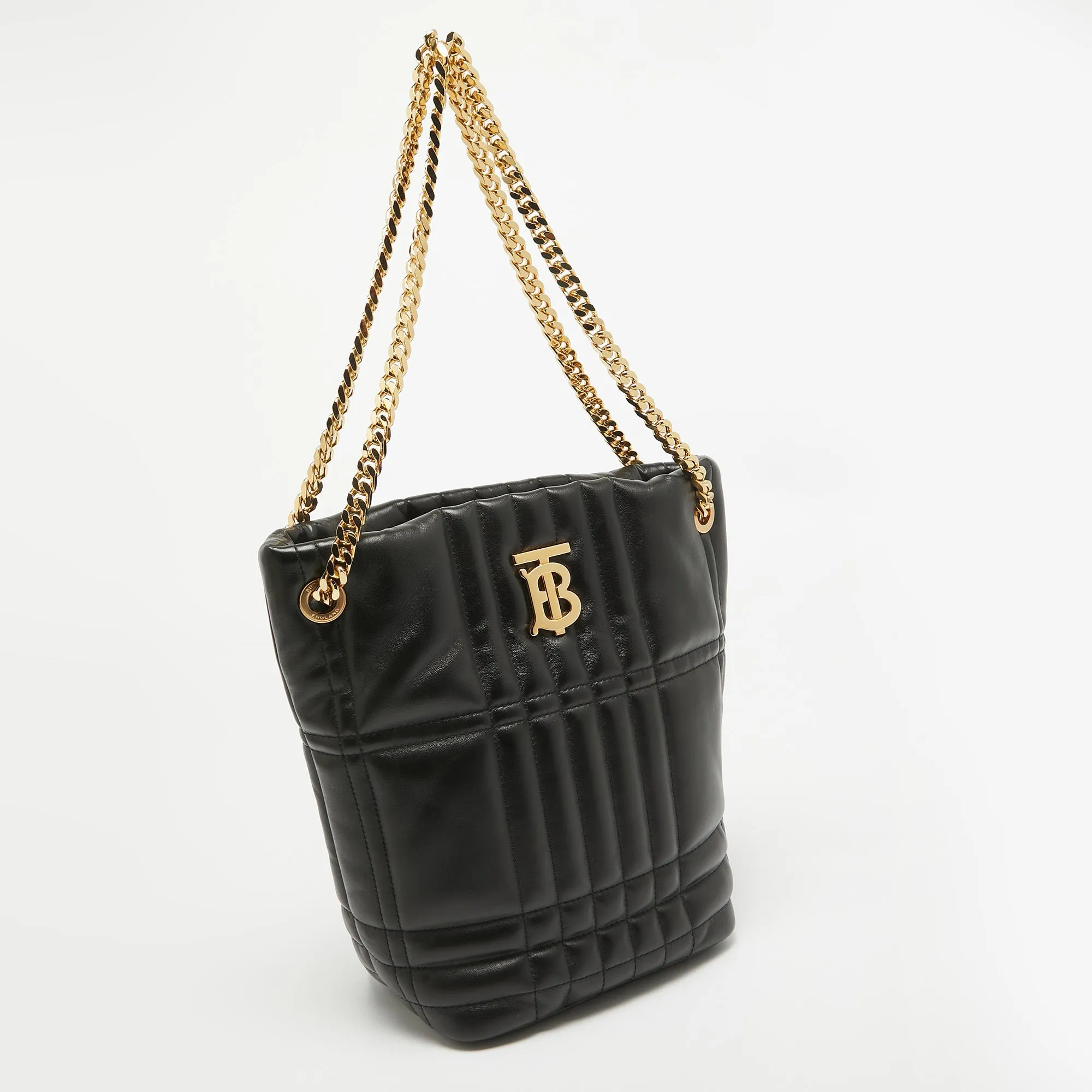 BURBERRY Black Quilted Check Leather Small Lola Bucket Bag