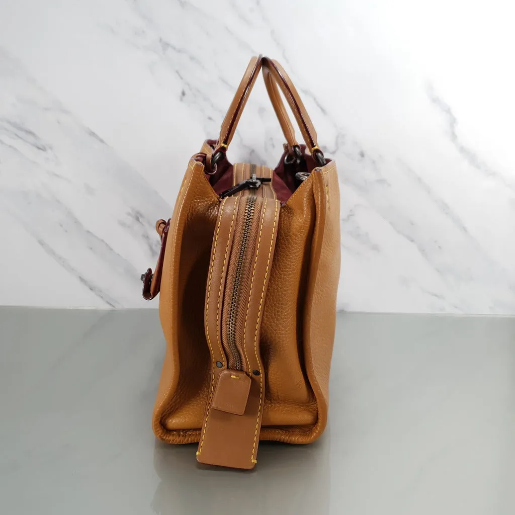 Coach 1941 Rogue 31 in Light Saddle Brown Pebbled Leather & Burgundy Suede Lining - SAMPLE BAG