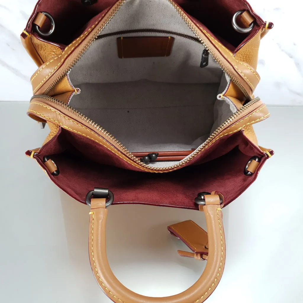 Coach 1941 Rogue 31 in Light Saddle Brown Pebbled Leather & Burgundy Suede Lining - SAMPLE BAG
