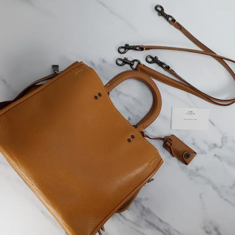 Coach 1941 Rogue 31 in Light Saddle Brown Pebbled Leather & Burgundy Suede Lining - SAMPLE BAG
