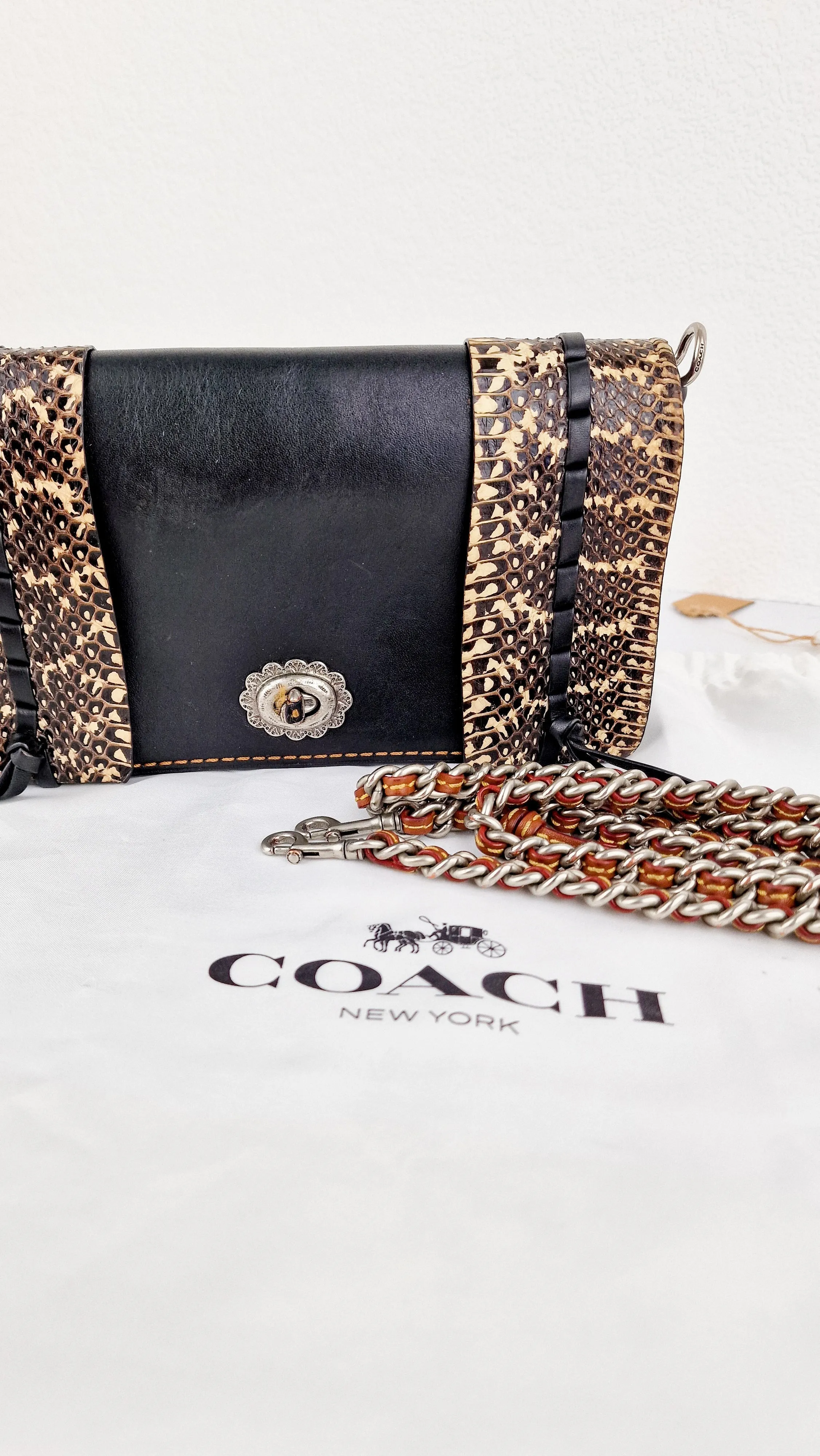 Coach Dinky Whipstitch Snakeskin Bag - 1941 Crossbody Bag Black Smooth Leather With White Snakeskin Panels - Coach 86921