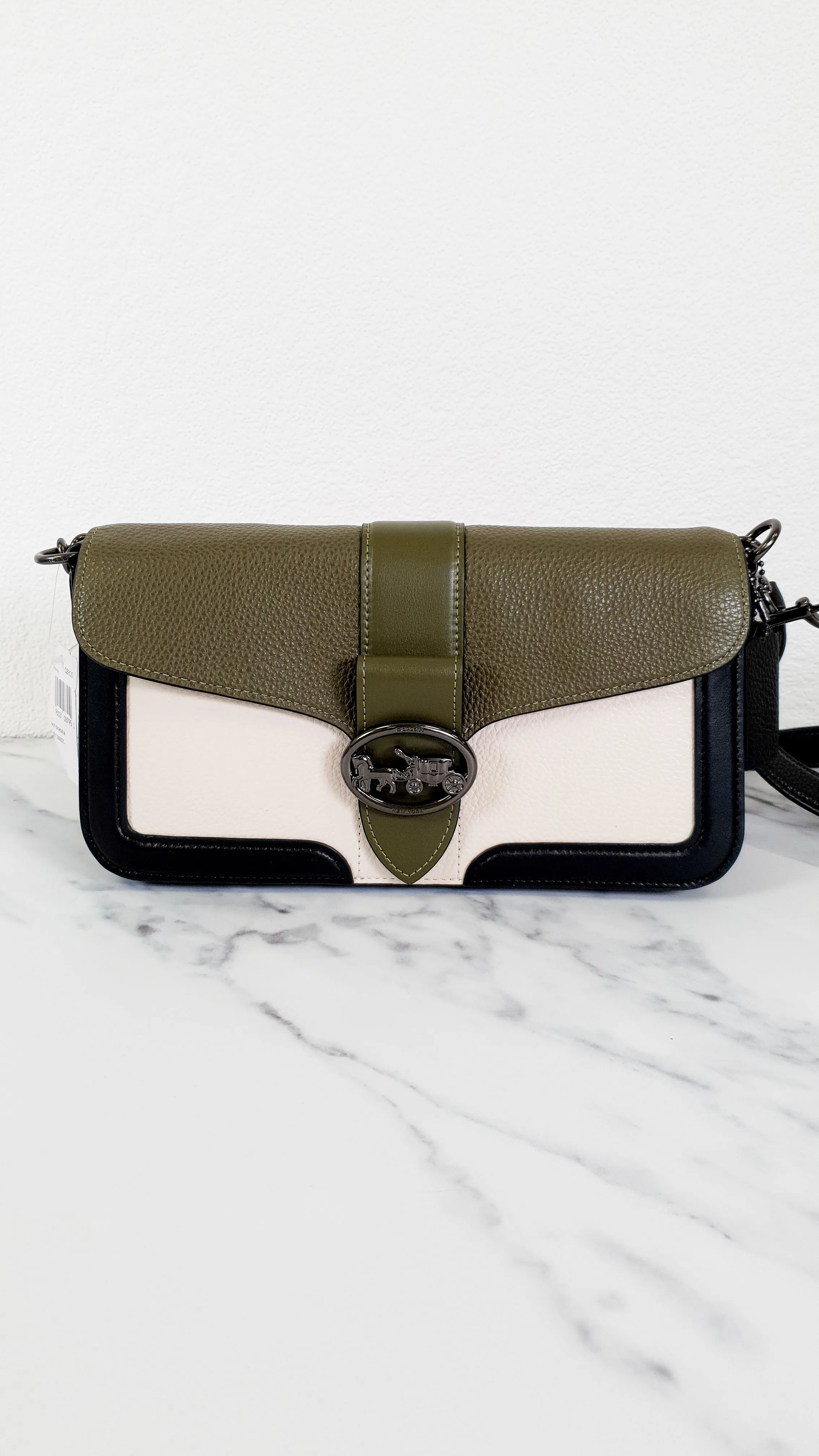 Coach Georgie Shoulder Bag in Colorblock Pebble Leather Kelp Green, Black & Chalk - Army green Coach 6019