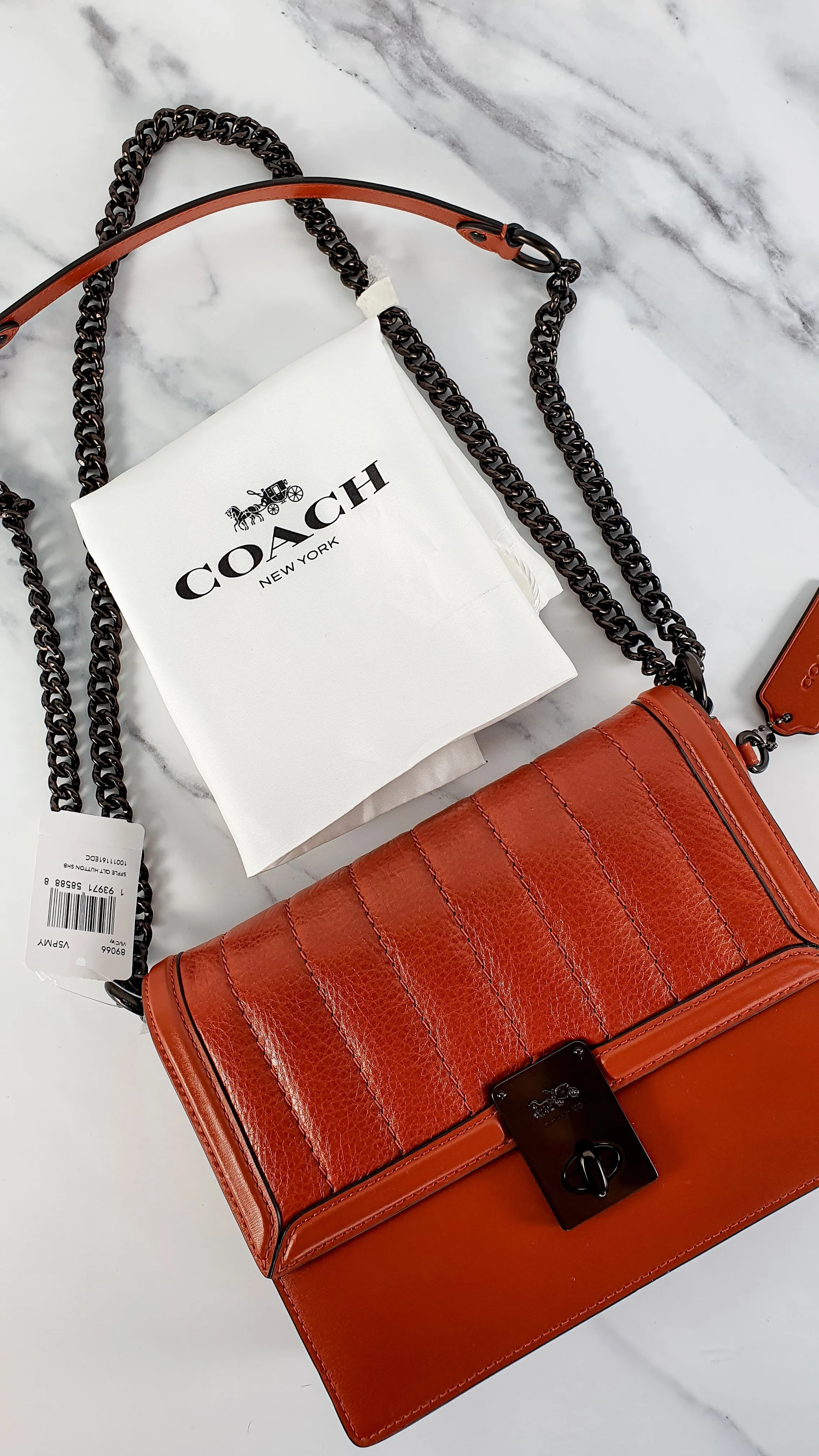Coach Hutton Crossbody Shoulder Bag in Clay Brown - Cognac Leather Quilted Flap Bag - Coach 89066