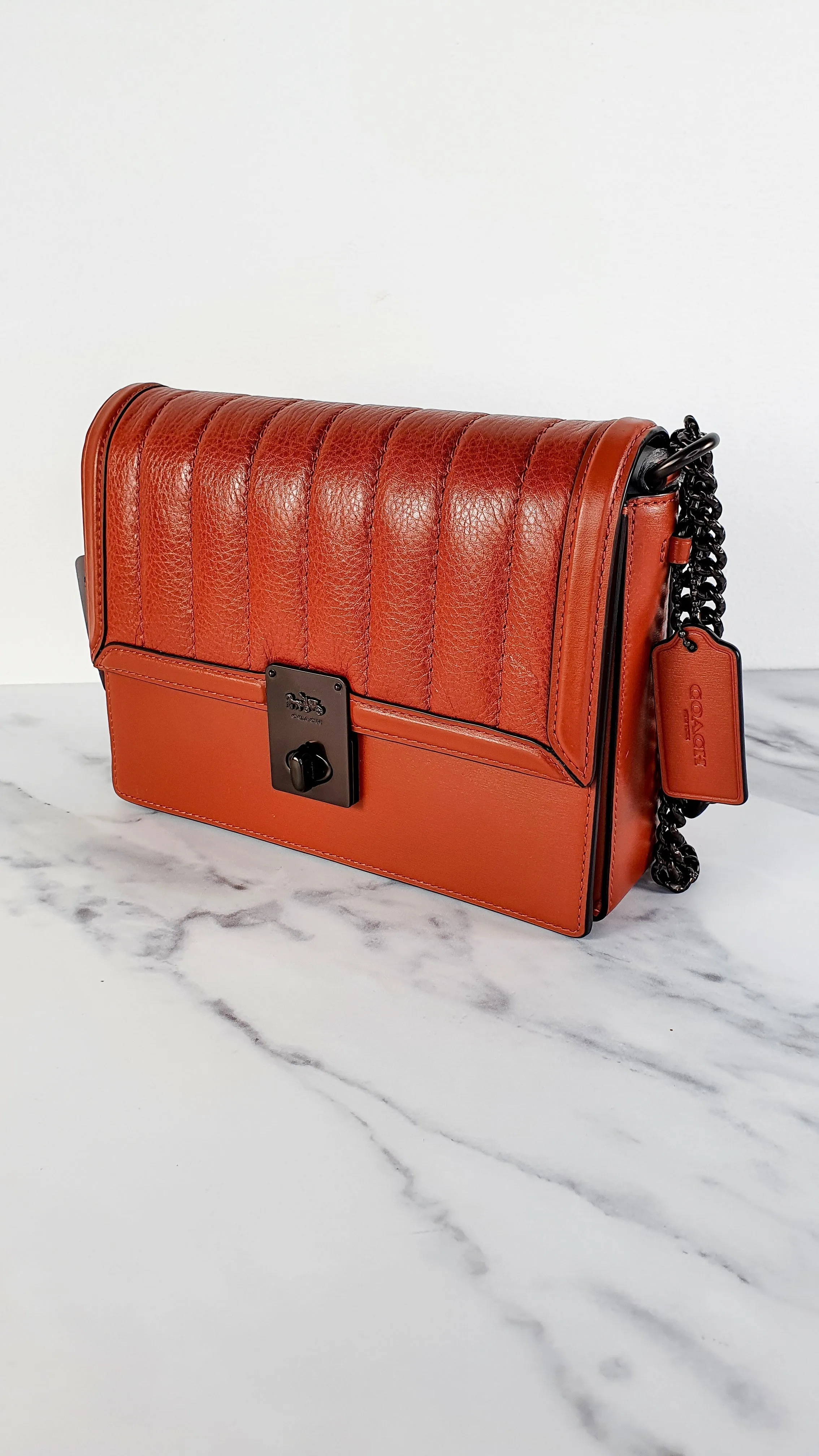 Coach Hutton Crossbody Shoulder Bag in Clay Brown - Cognac Leather Quilted Flap Bag - Coach 89066