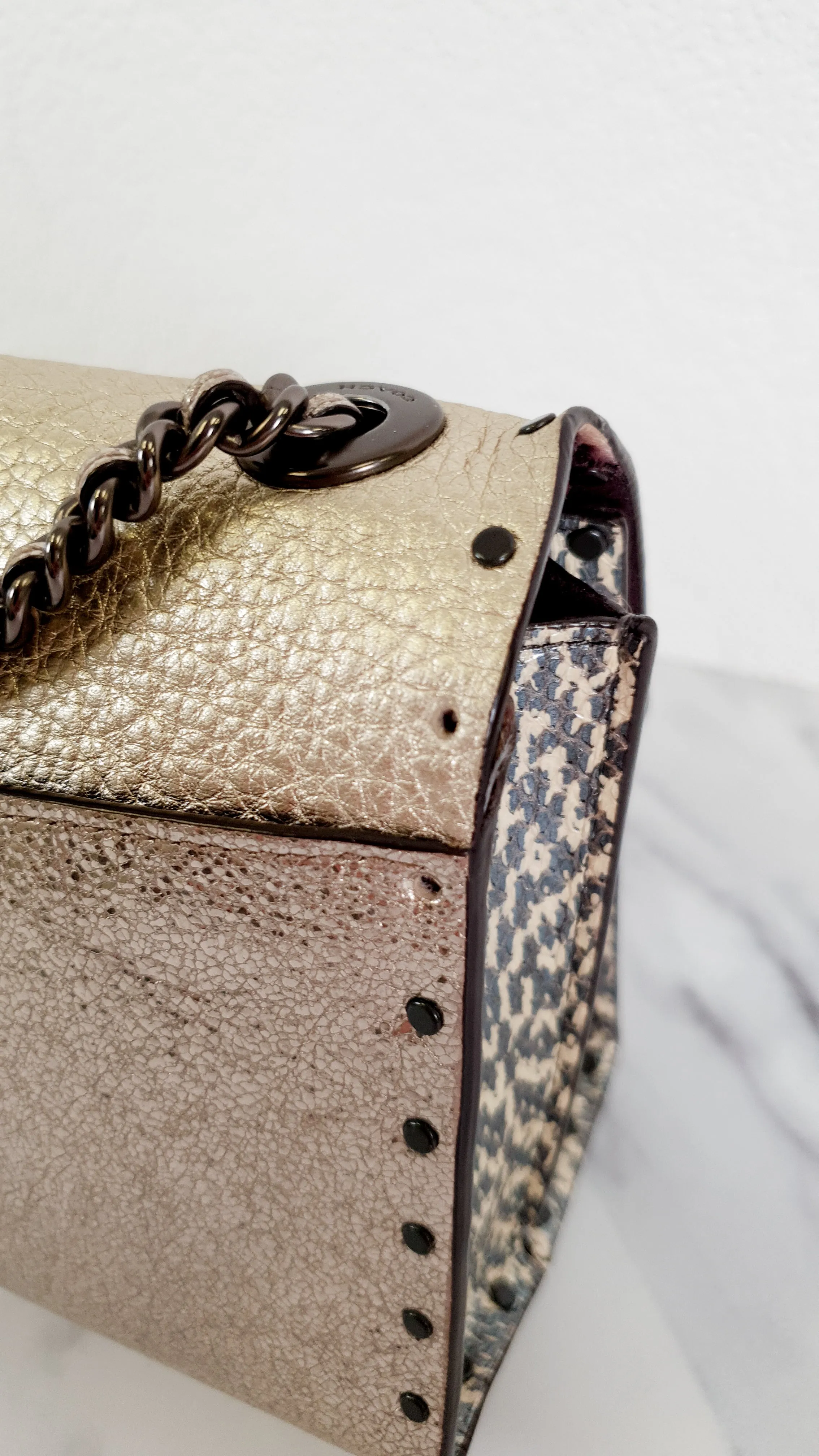 Coach Parker 18 in Signature Canvas With Tea Rose Turnlock, Border Rivets, Snakeskin Detail & Metallic Leather - Shoulder Bag Crossbody Bag Champagne Platinum Beige - Coach 39680