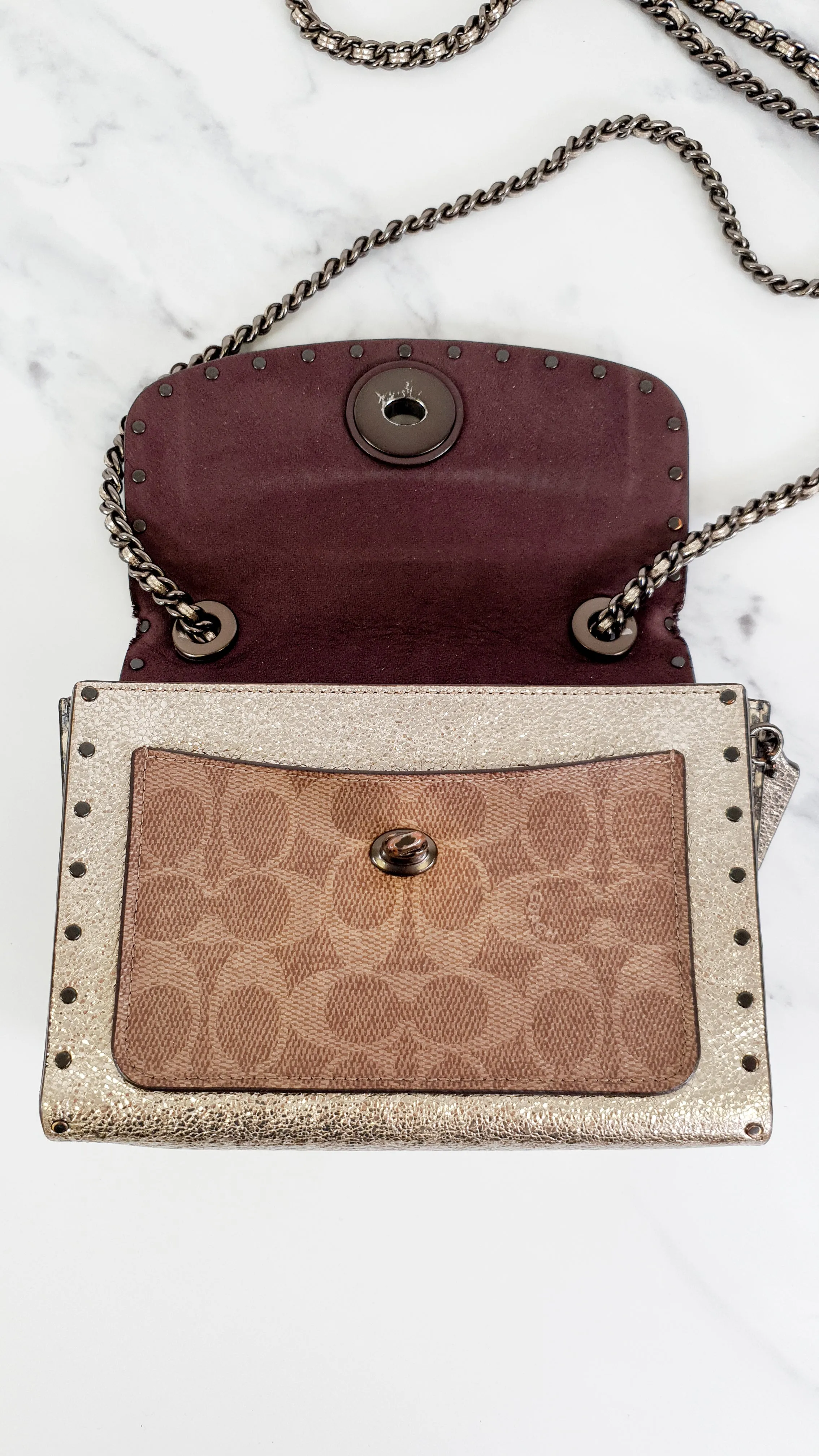 Coach Parker 18 in Signature Canvas With Tea Rose Turnlock, Border Rivets, Snakeskin Detail & Metallic Leather - Shoulder Bag Crossbody Bag Champagne Platinum Beige - Coach 39680