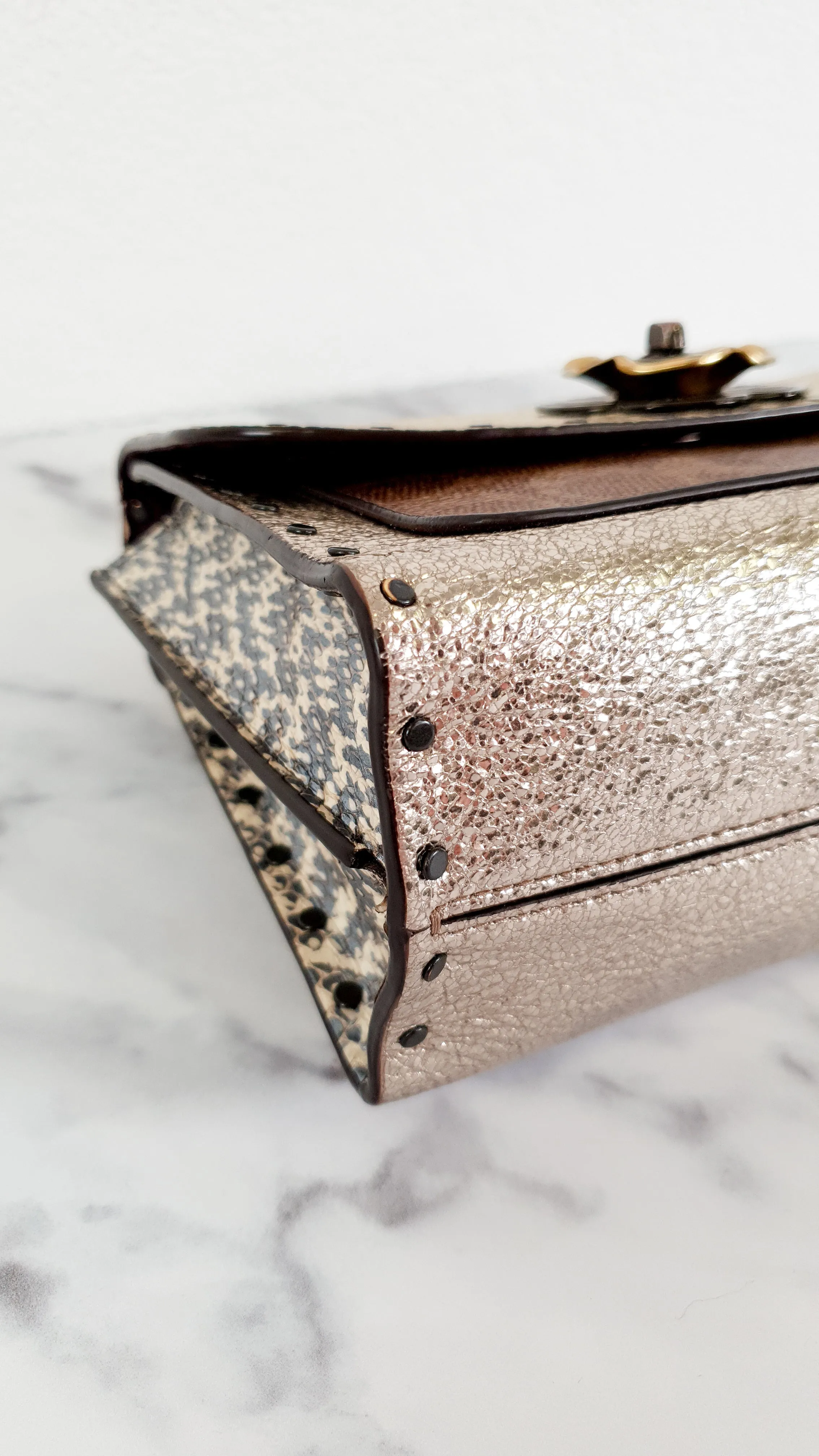 Coach Parker 18 in Signature Canvas With Tea Rose Turnlock, Border Rivets, Snakeskin Detail & Metallic Leather - Shoulder Bag Crossbody Bag Champagne Platinum Beige - Coach 39680