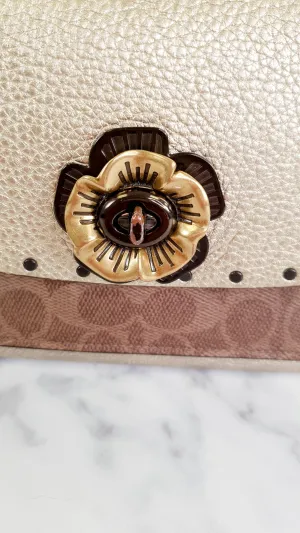 Coach Parker 18 in Signature Canvas With Tea Rose Turnlock, Border Rivets, Snakeskin Detail & Metallic Leather - Shoulder Bag Crossbody Bag Champagne Platinum Beige - Coach 39680