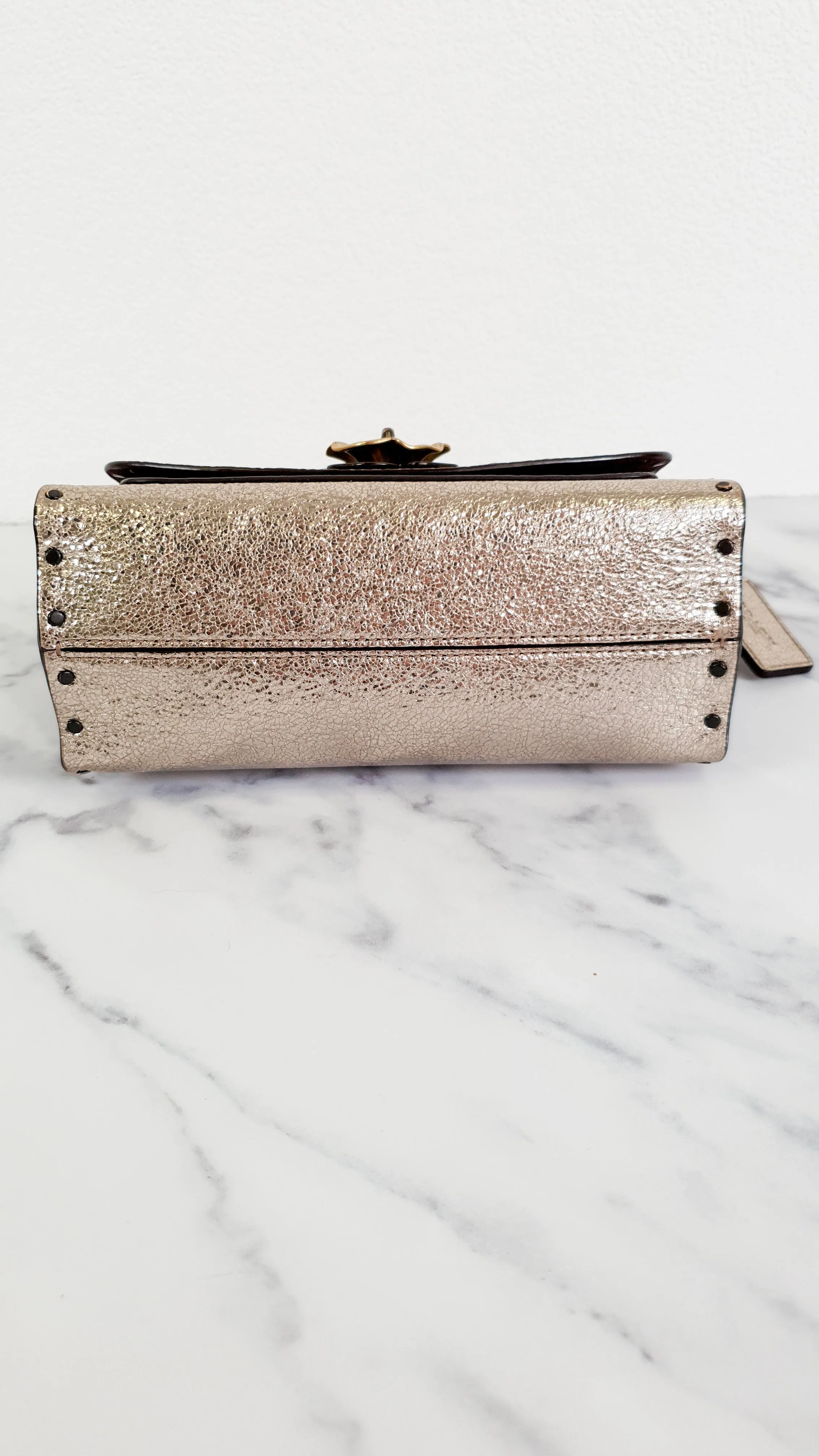 Coach Parker 18 in Signature Canvas With Tea Rose Turnlock, Border Rivets, Snakeskin Detail & Metallic Leather - Shoulder Bag Crossbody Bag Champagne Platinum Beige - Coach 39680