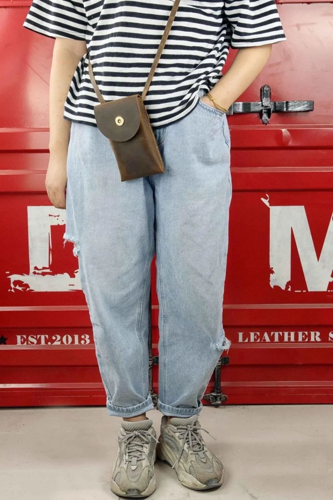 Distressed leather phone crossbody sling bag