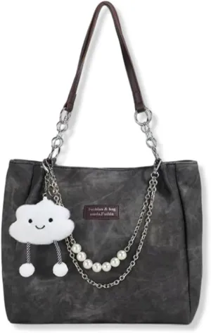 Fashion Cloud Charm Shoulder Bag, Pearl Chain Detail, Large Capacity Tote Bag