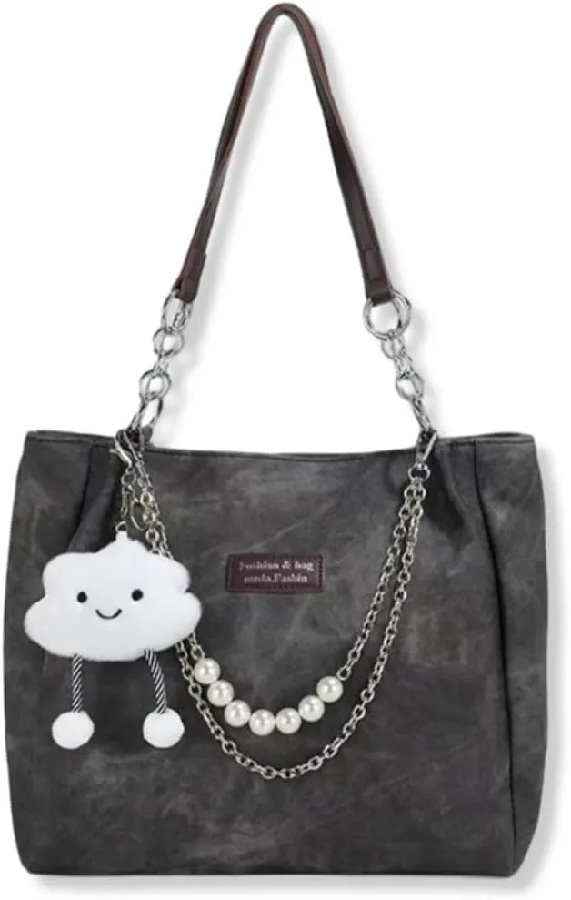 Fashion Cloud Charm Shoulder Bag, Pearl Chain Detail, Large Capacity Tote Bag