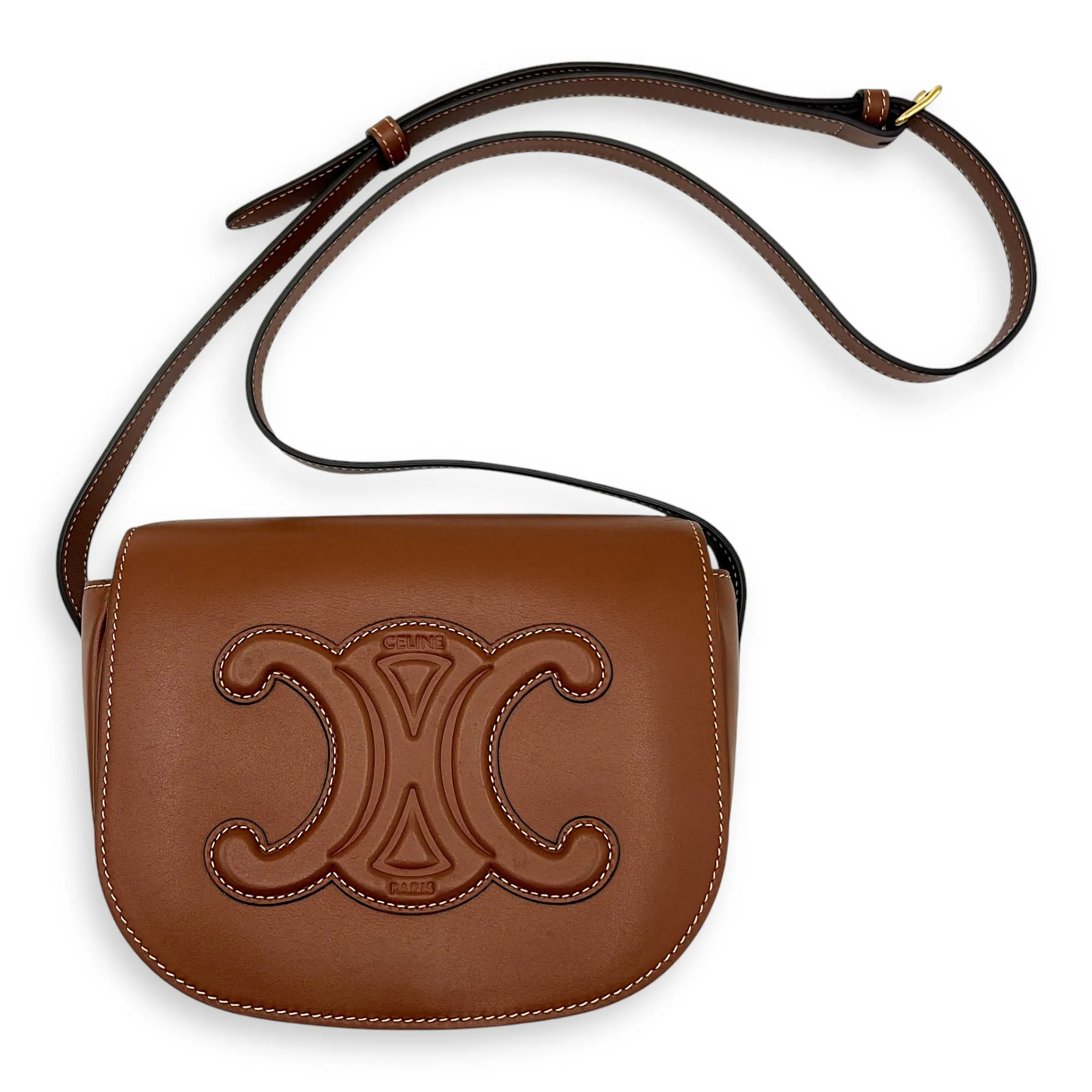 Folco Triomphe Brown Crossbody Bag in Calfskin, Gold hardware
