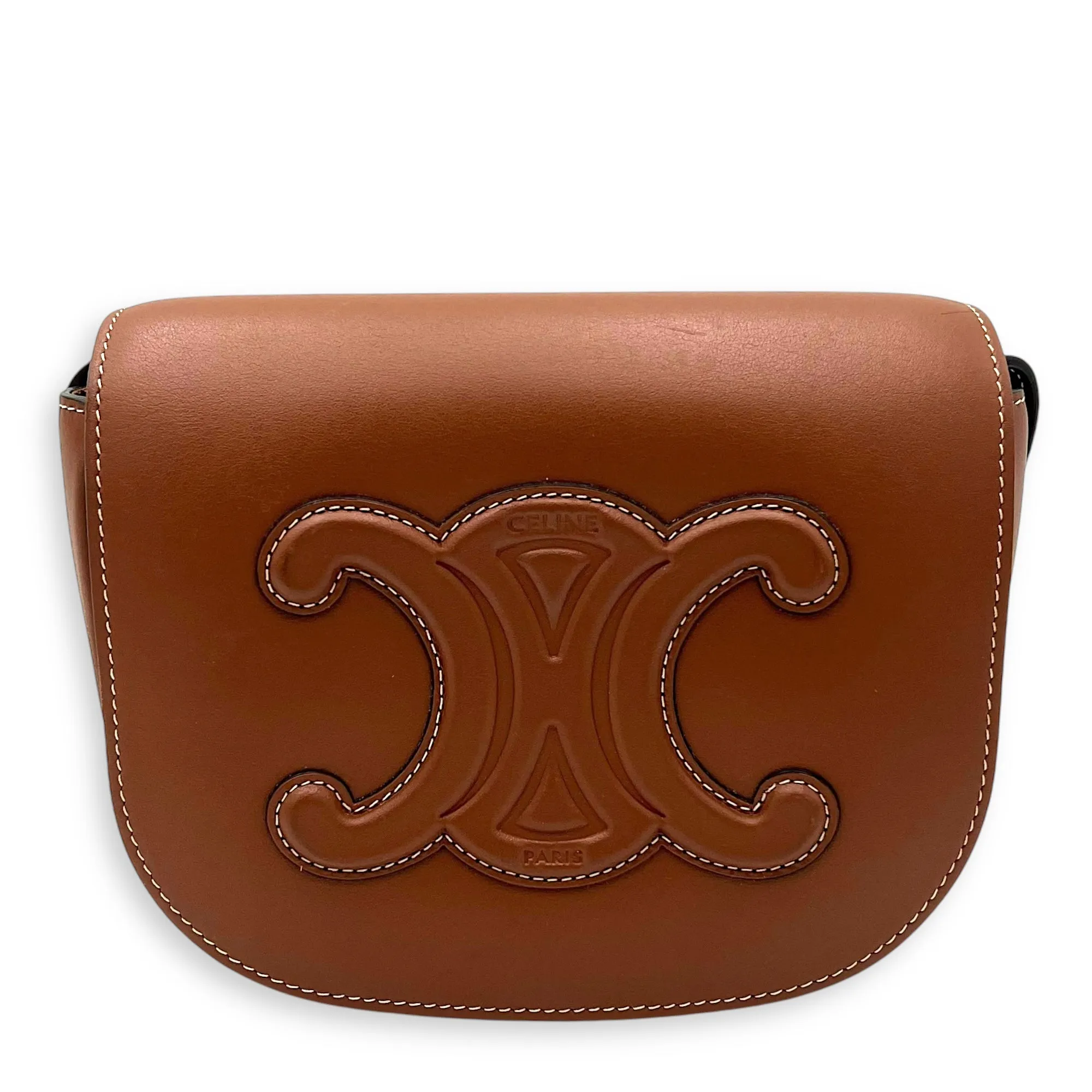 Folco Triomphe Brown Crossbody Bag in Calfskin, Gold hardware