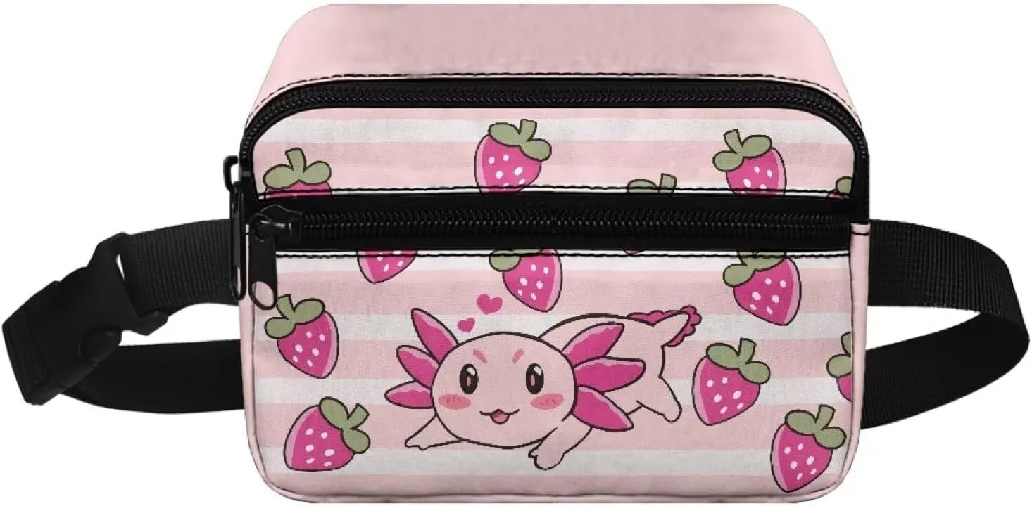 FOR U DESIGNS Cute Fanny Pack for Girls, Axolotl & Strawberry Belt Bag for Kids Running Hiking Travel Workout, Fashion Waist Packs with Adjustable Strap