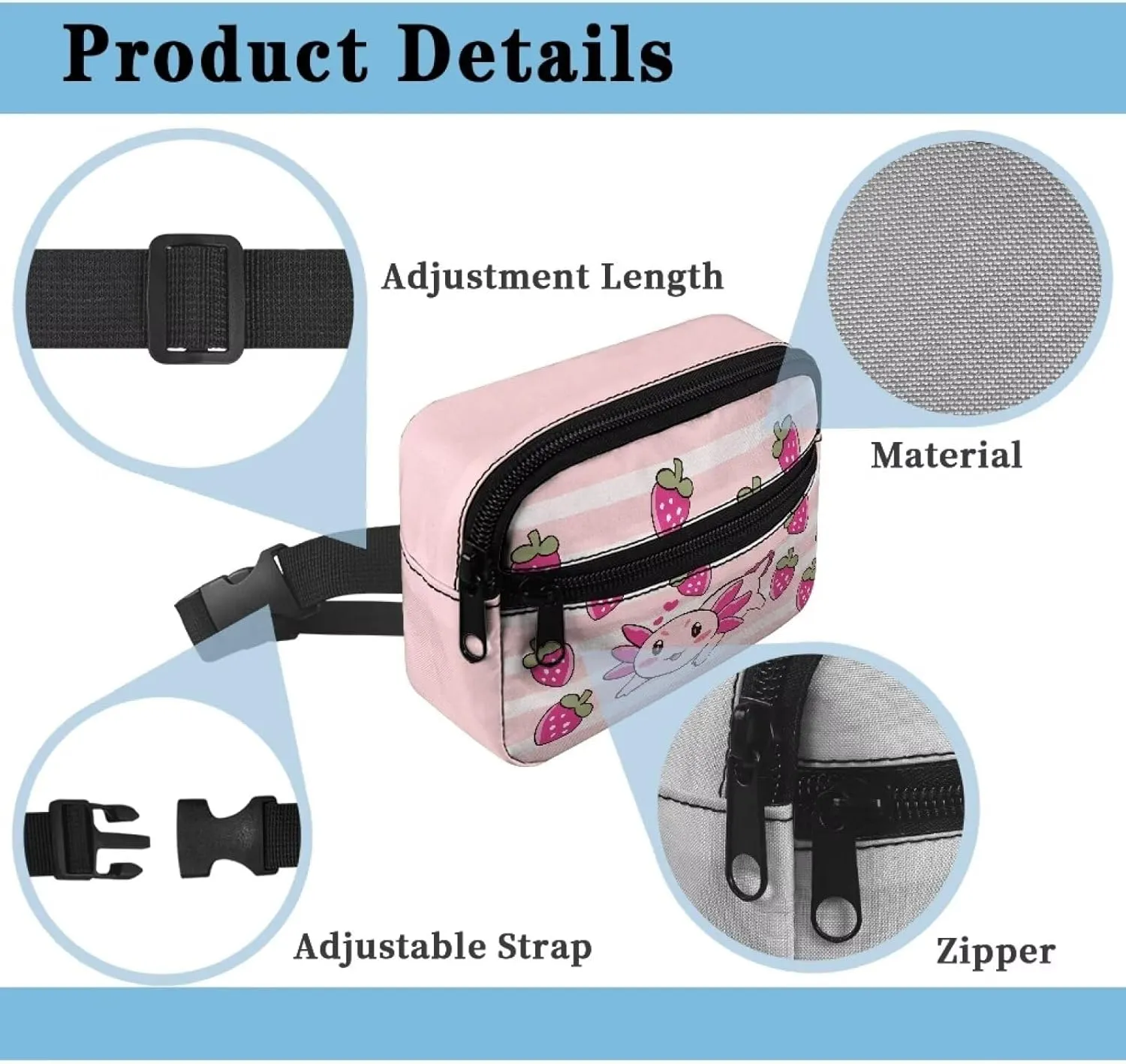 FOR U DESIGNS Cute Fanny Pack for Girls, Axolotl & Strawberry Belt Bag for Kids Running Hiking Travel Workout, Fashion Waist Packs with Adjustable Strap