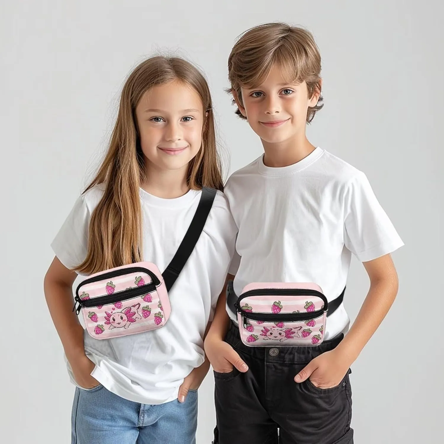 FOR U DESIGNS Cute Fanny Pack for Girls, Axolotl & Strawberry Belt Bag for Kids Running Hiking Travel Workout, Fashion Waist Packs with Adjustable Strap