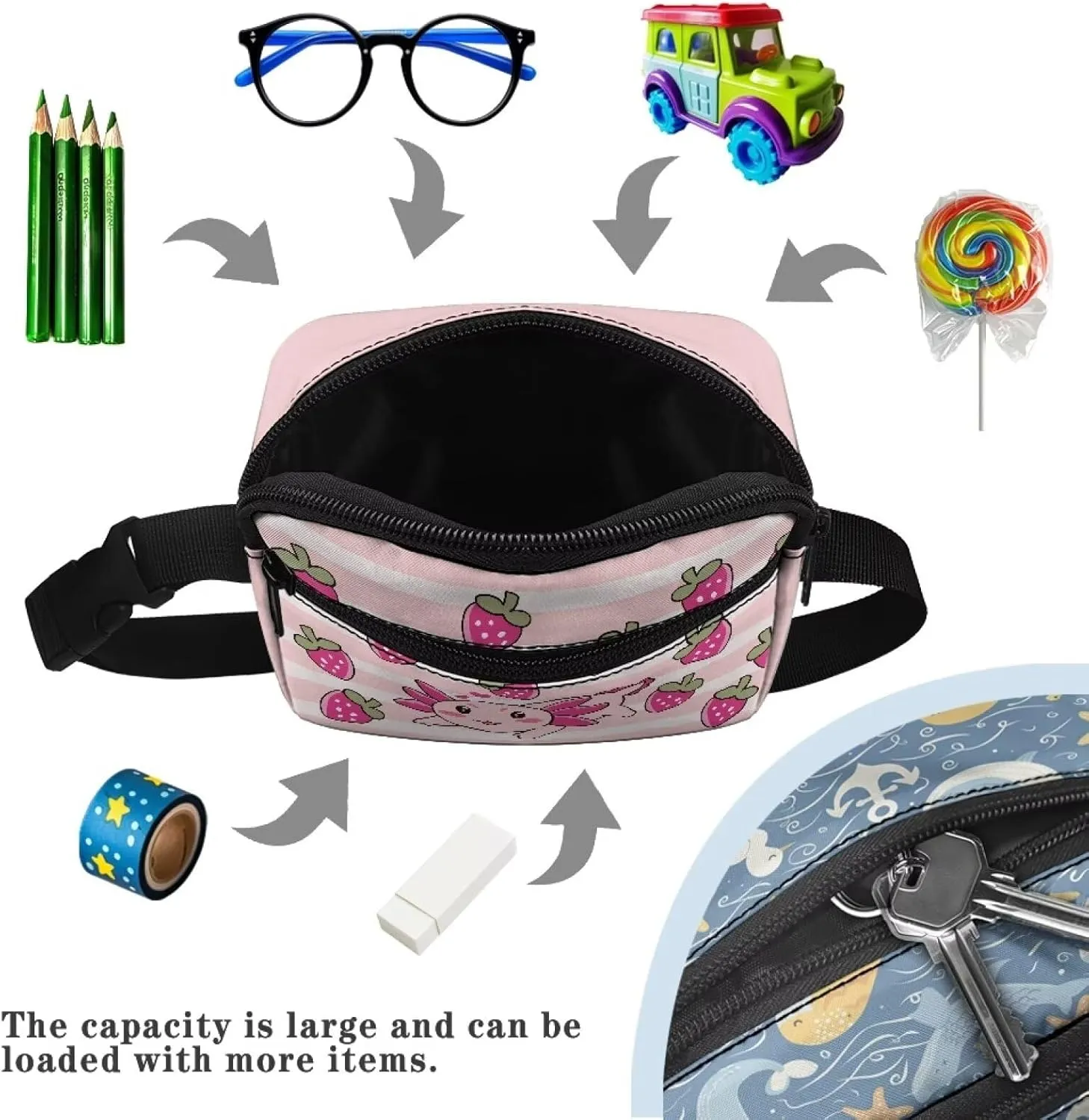 FOR U DESIGNS Cute Fanny Pack for Girls, Axolotl & Strawberry Belt Bag for Kids Running Hiking Travel Workout, Fashion Waist Packs with Adjustable Strap