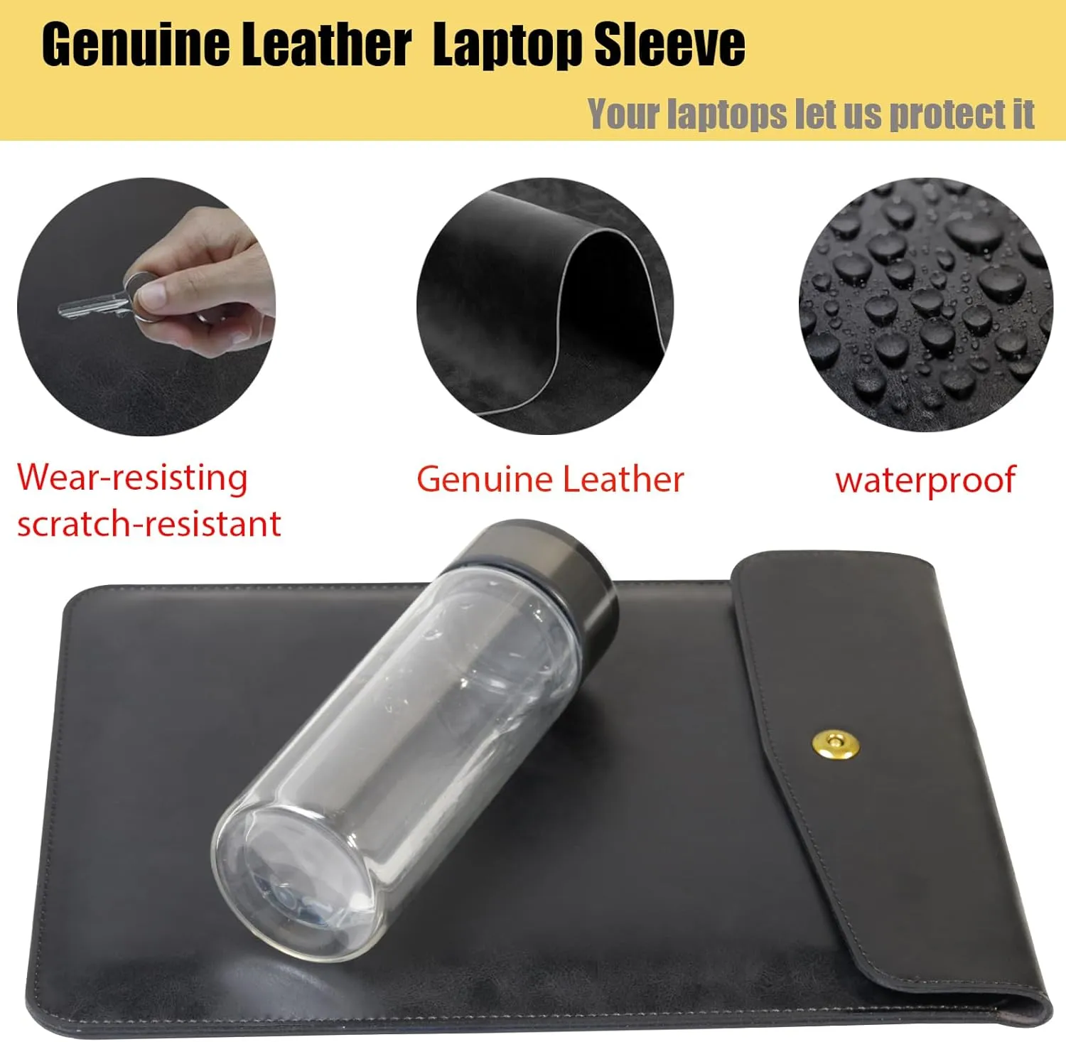 Genuine Leather Laptop Sleeve for 13 Inch MacBook Air M3 2024 M2 2022 M1 2020,Leather Vertical Laptop Case for MacBook Pro M2 2022 M1 2020-2016,Laptop Cover for 13-13.3 Inch Notebook,Black